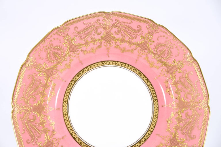 12 Royal Doulton Rose Pink Dessert Plates With Raised Paste Gold