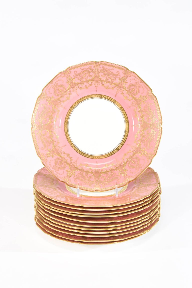 12 Royal Doulton Rose Pink Dessert Plates With Raised Paste Gold