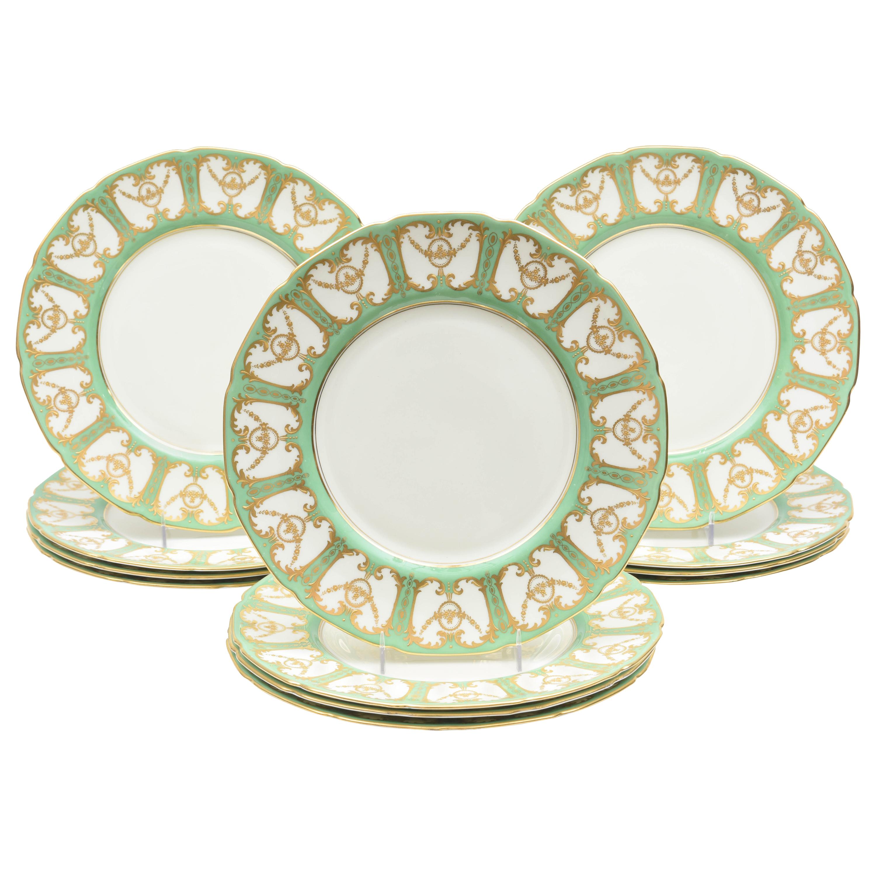12 Royal Doulton "Sevres" Green and Gilt Encrusted Dinner Plates. Antique China