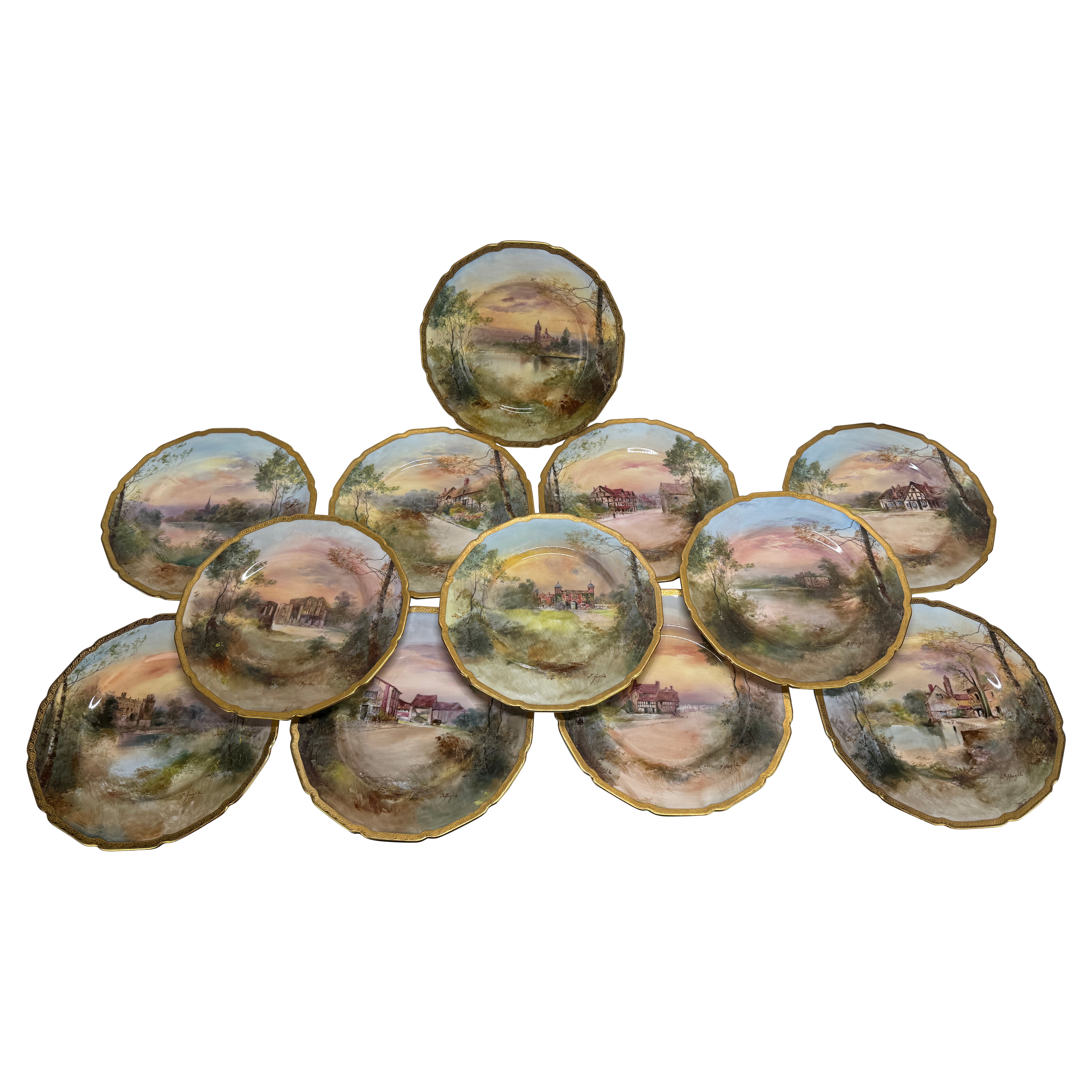 12 Platos de Gabinete Royal Doulton "Shakespeare's Country" de J. Hughs C. 1902-22 en venta