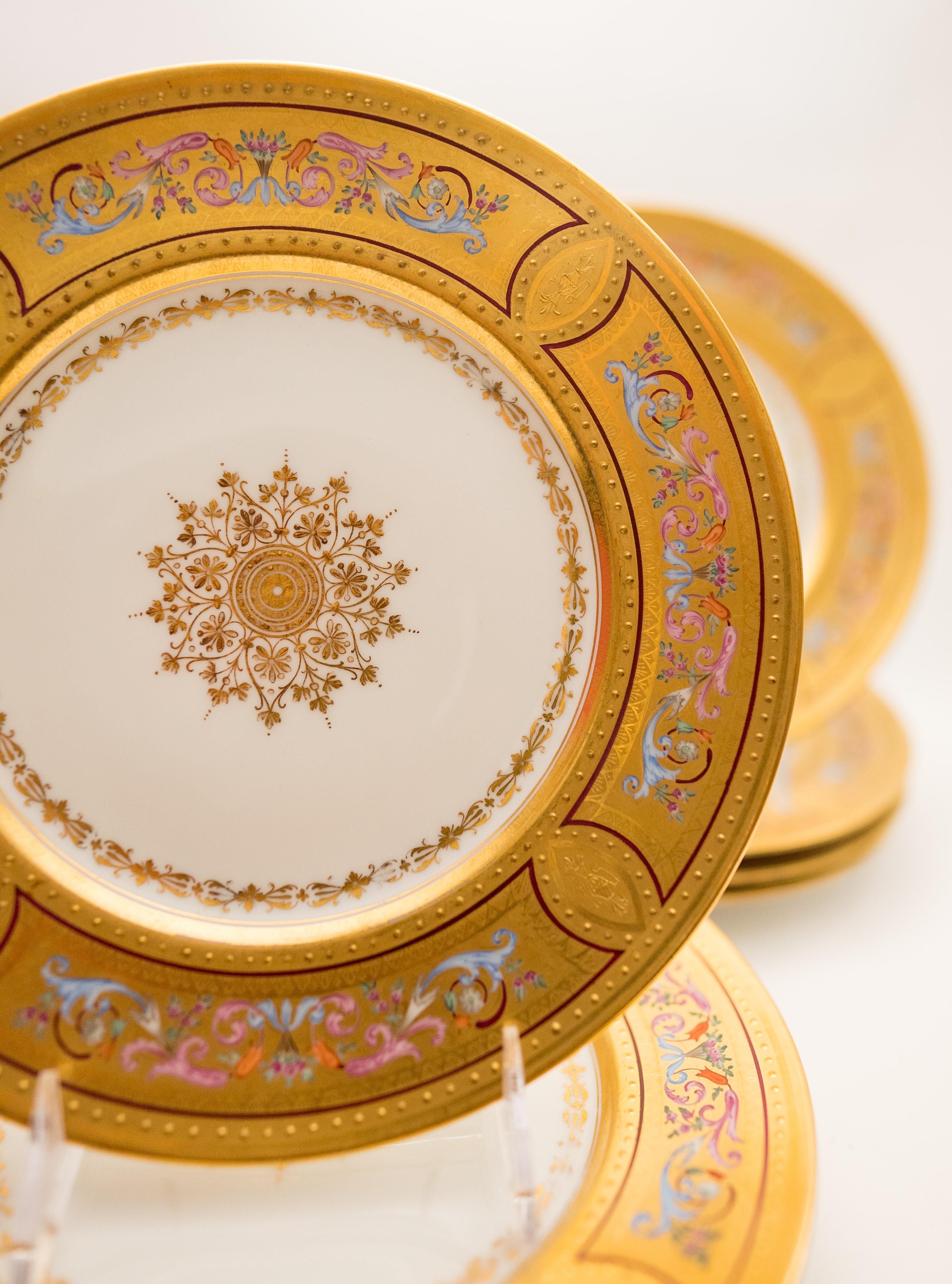 Gold 12 Royal Vienna Antique Gilt & Elaborate Enamel Dessert Plates, Circa 1890