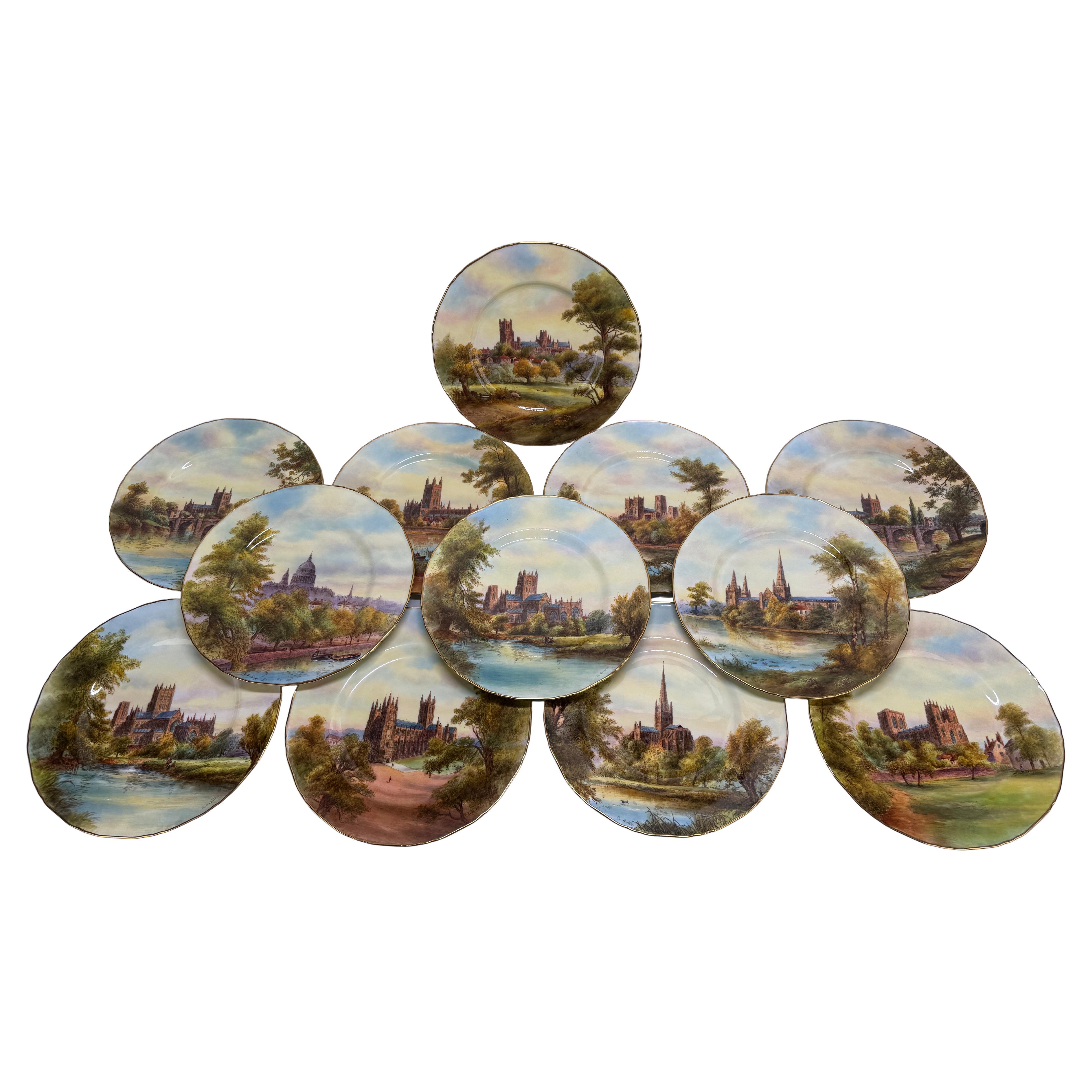 12 Royal Worcester Hand-Painted Porcelain "Cathedral" Cabinet Plates Circa 1941 For Sale