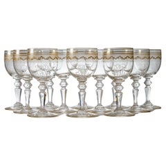 12 Saint Louis Gilt Decorated Wine Glasses With Cut Knob Stems, Vintage