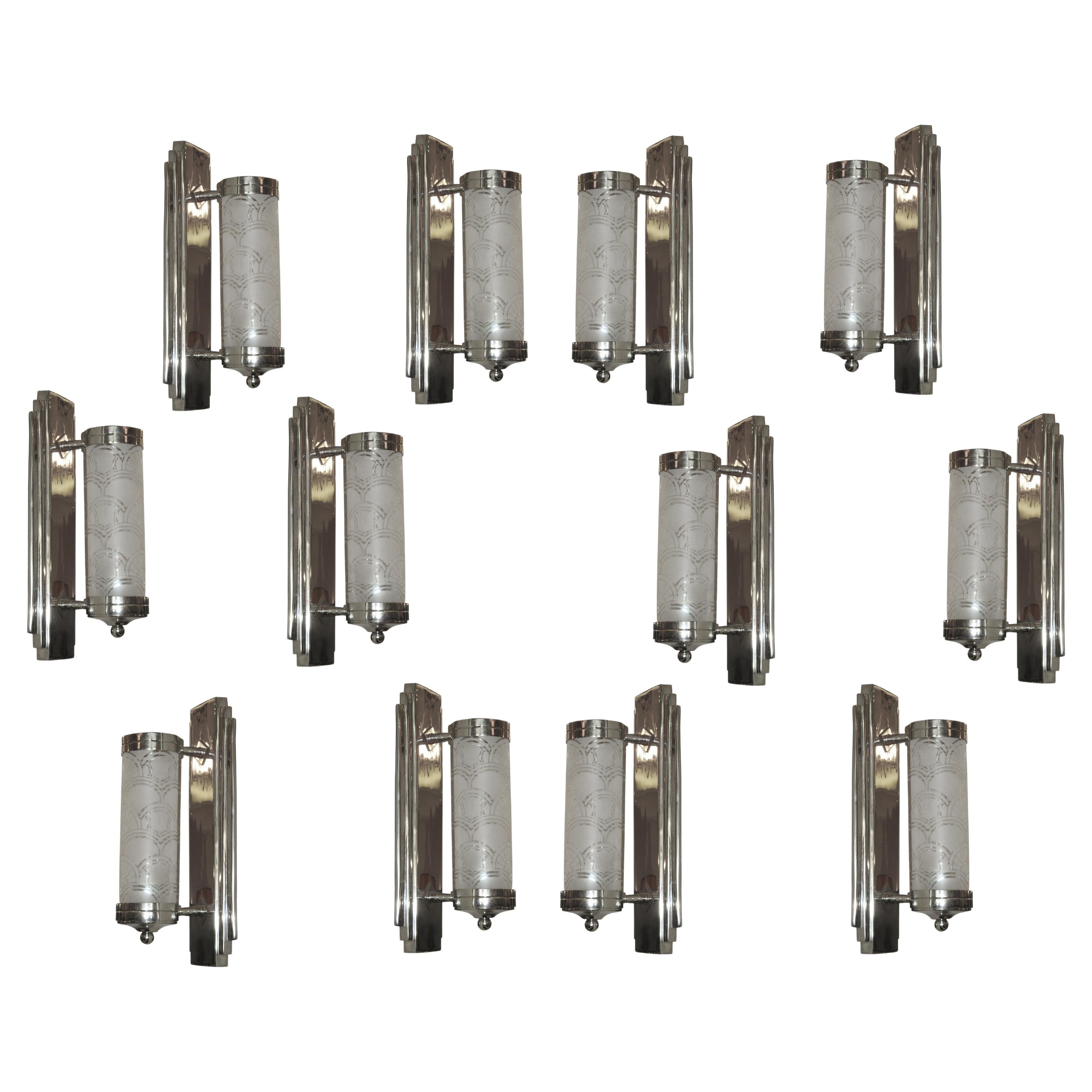 12 Sconces in Chrome and Glass, Style, Art Deco, Year, 1930, German For Sale