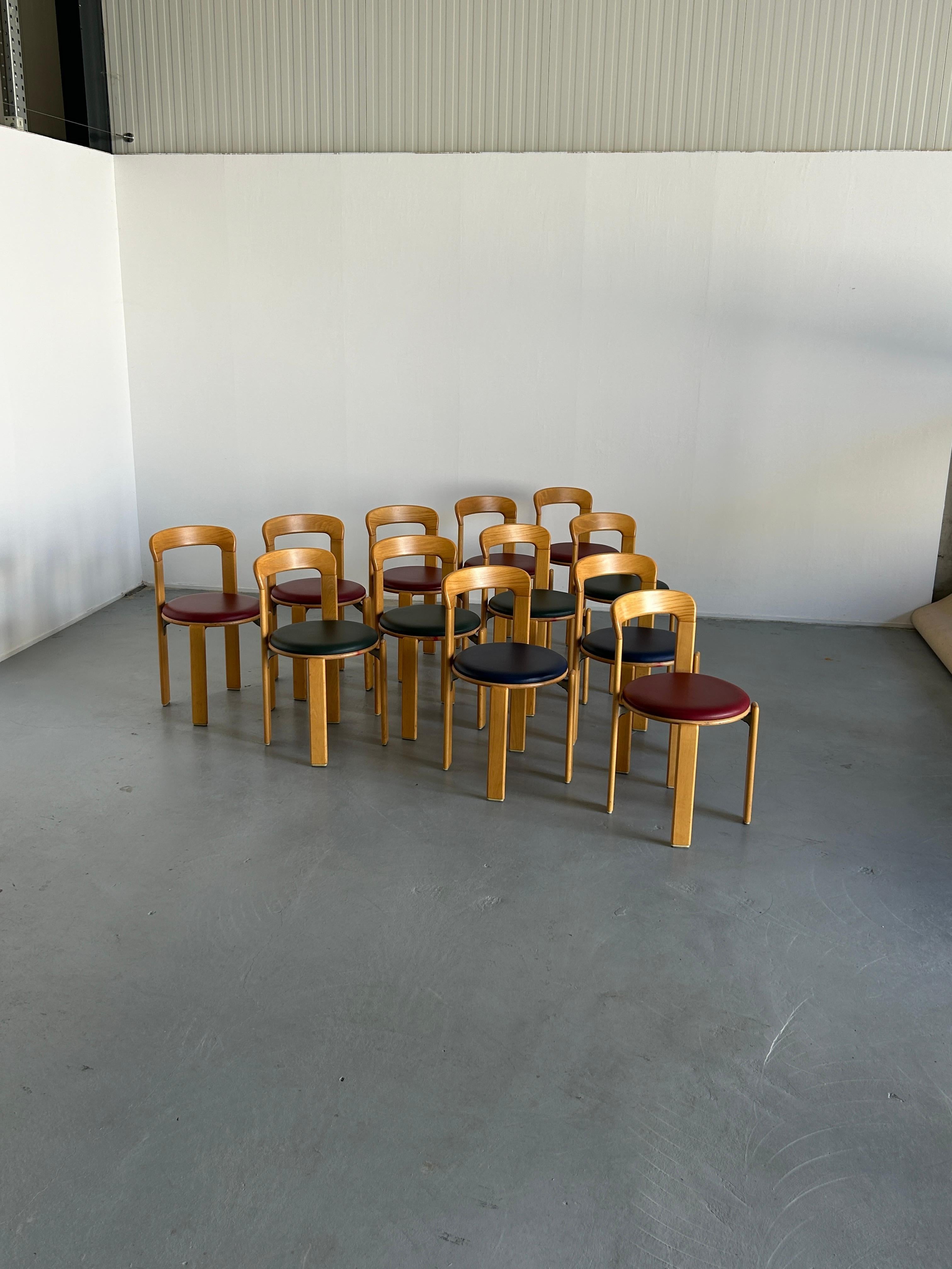 Set of twelve Mid-Century-Modern dining chairs designed by Bruno Rey in the 1970s.
Iconic design, produced by the well known Germany manufacturer Kusch+Co in the early 1990s..

The dining chairs were made of solid beech, laminated plywood beech and