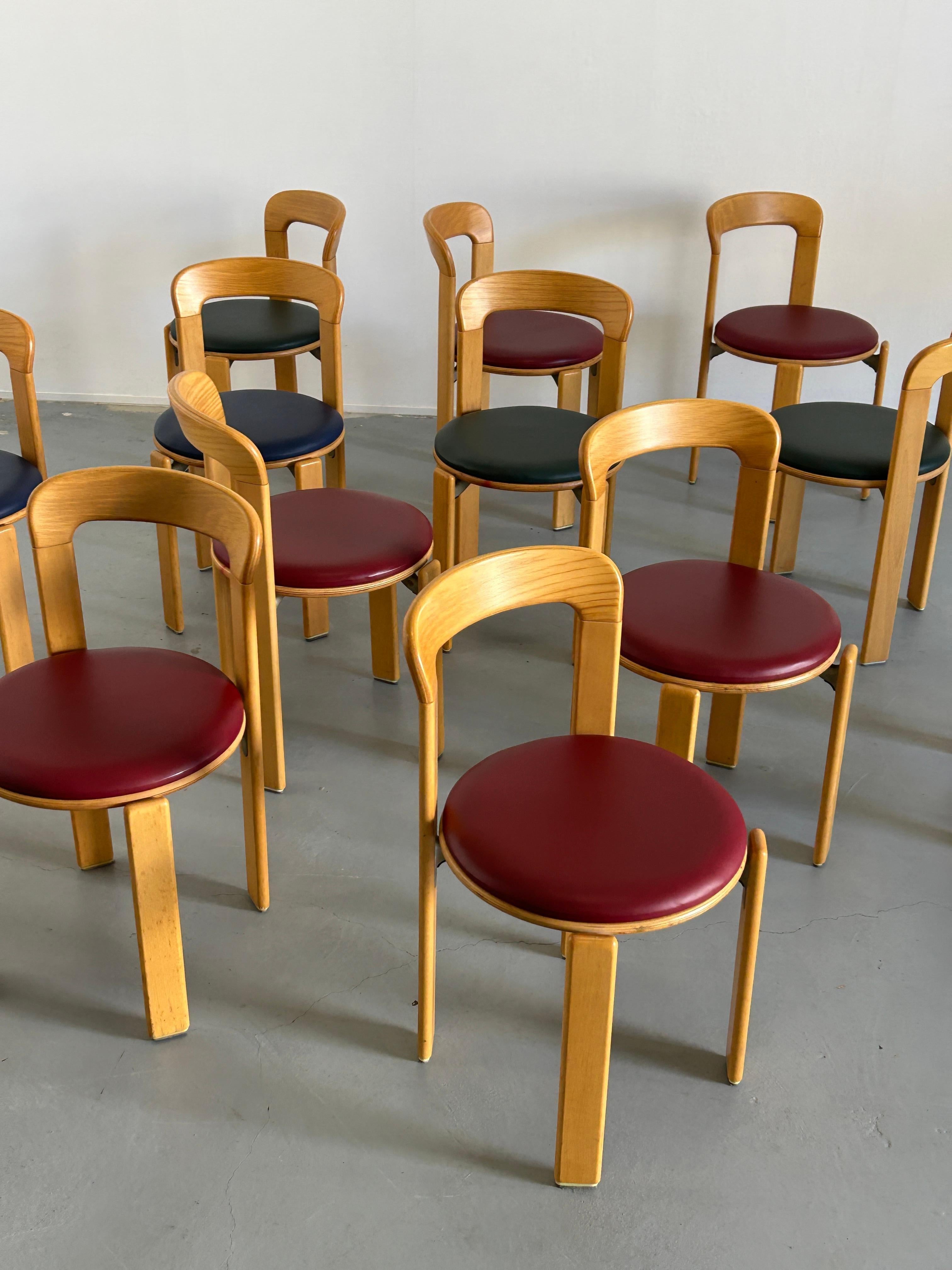 Leather 12-Set Bruno Rey Stackable Mid-Century Modern Dining Chairs for Kusch & Co, 90s