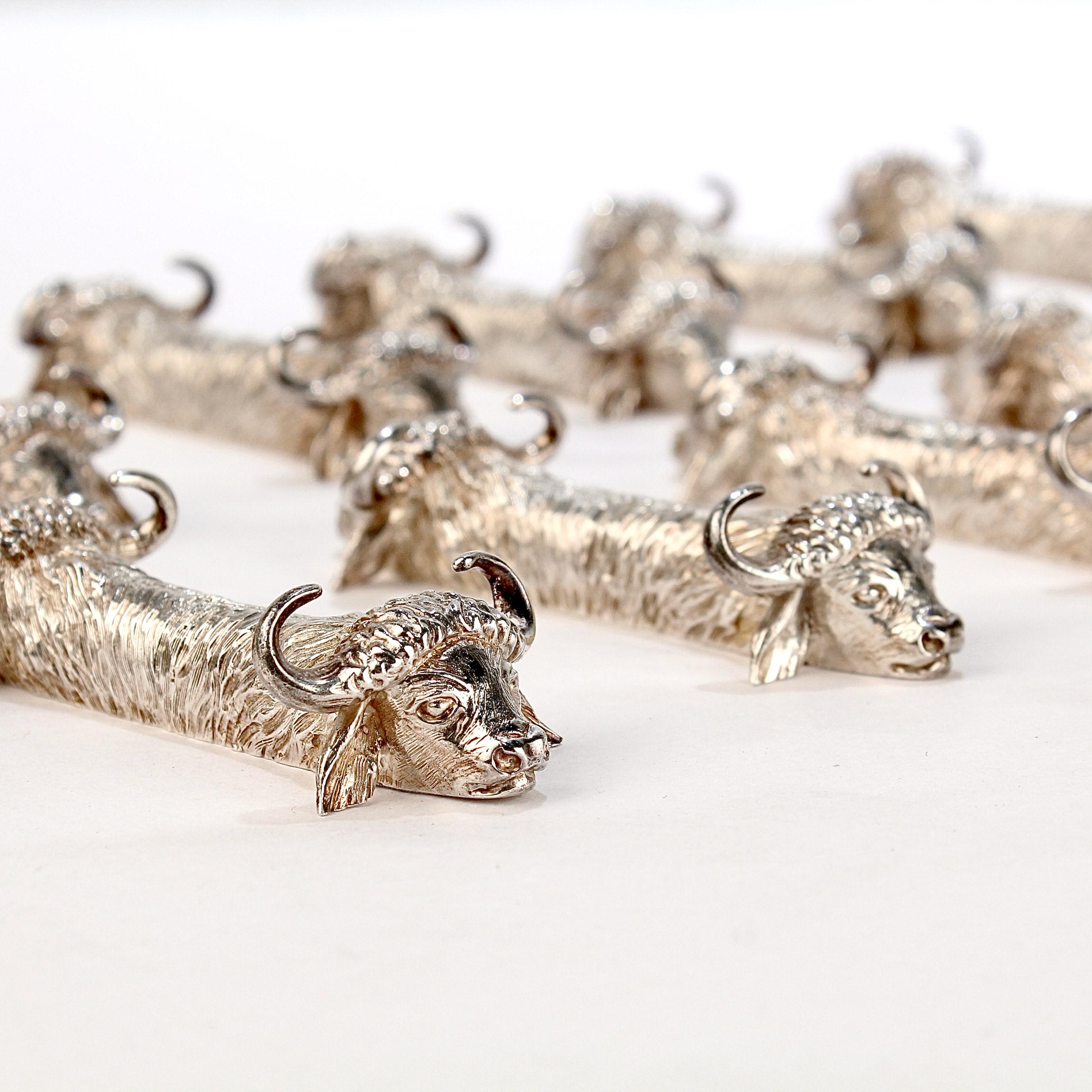 12 Signed Figural French Sterling Silver Water Buffalo Knife Rests 2