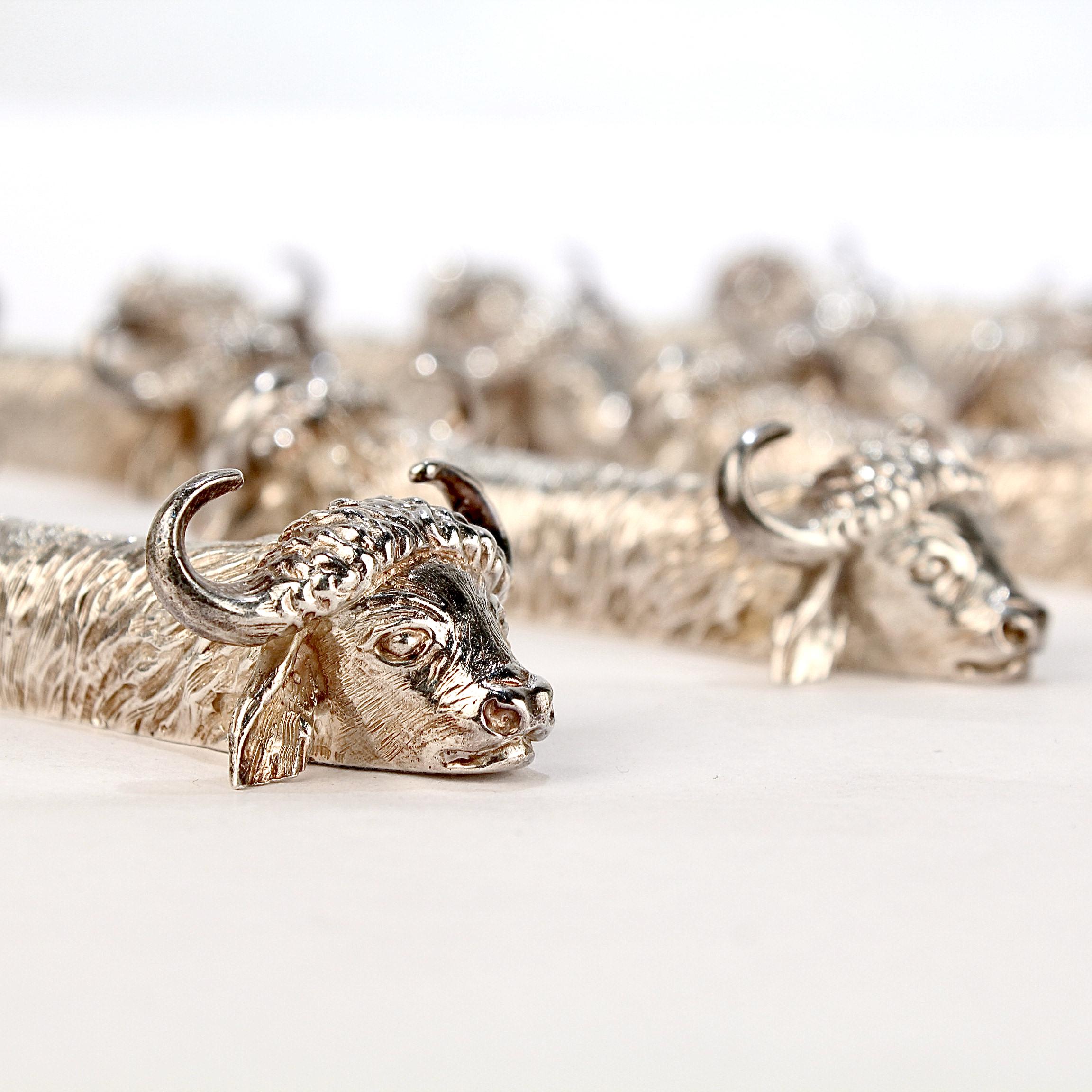 12 Signed Figural French Sterling Silver Water Buffalo Knife Rests 3
