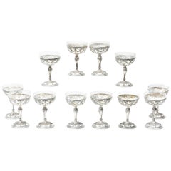 12 Silver & Crystal Dessert Coupes, 19th Century Elaborate Hand Chased Design