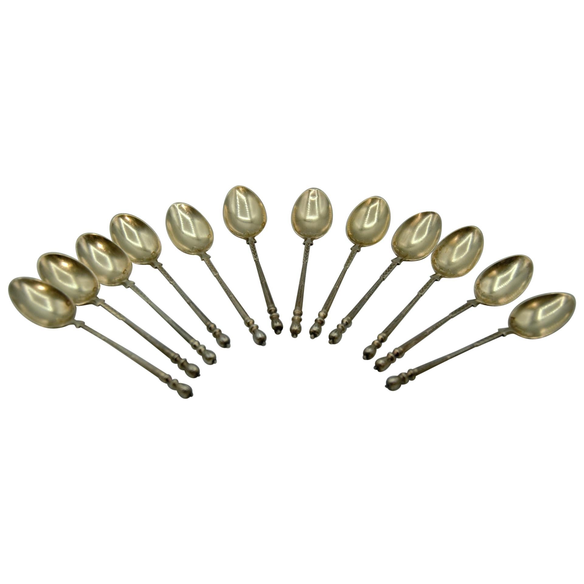 12 Small Vermeil, Solid Silver Gilded Spoons For Sale