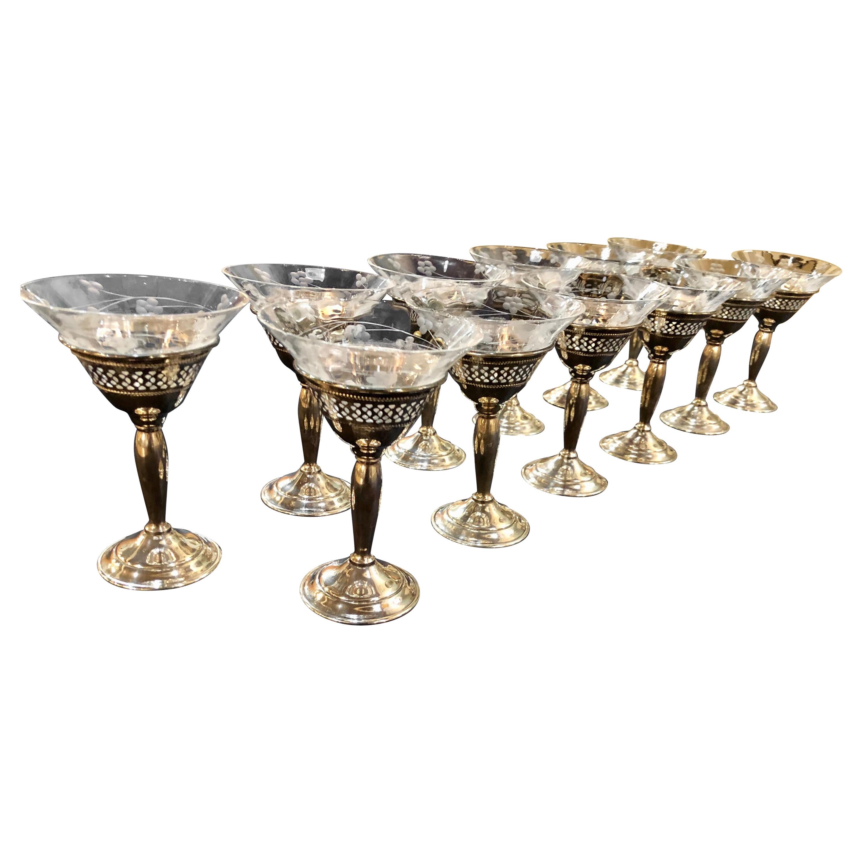 12 Sterling Martini and Coupe Etched Glasses for Cocktails