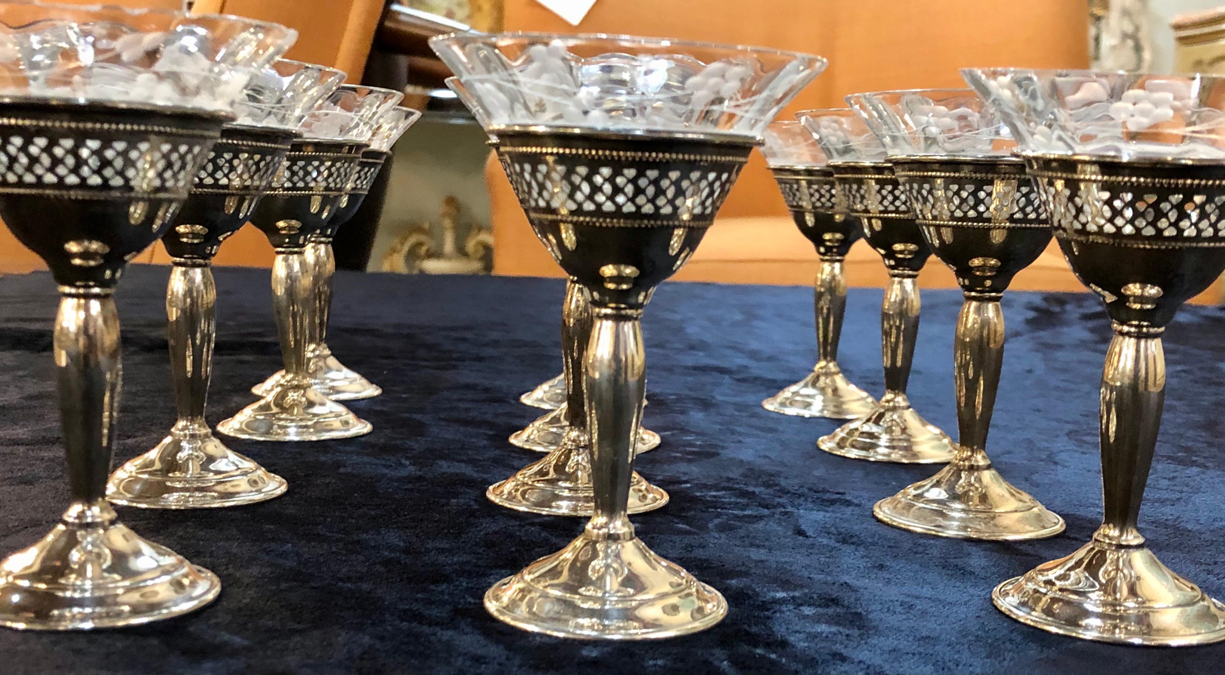 12 Sterling Martini and Coupe Etched Glasses for Cocktails 3