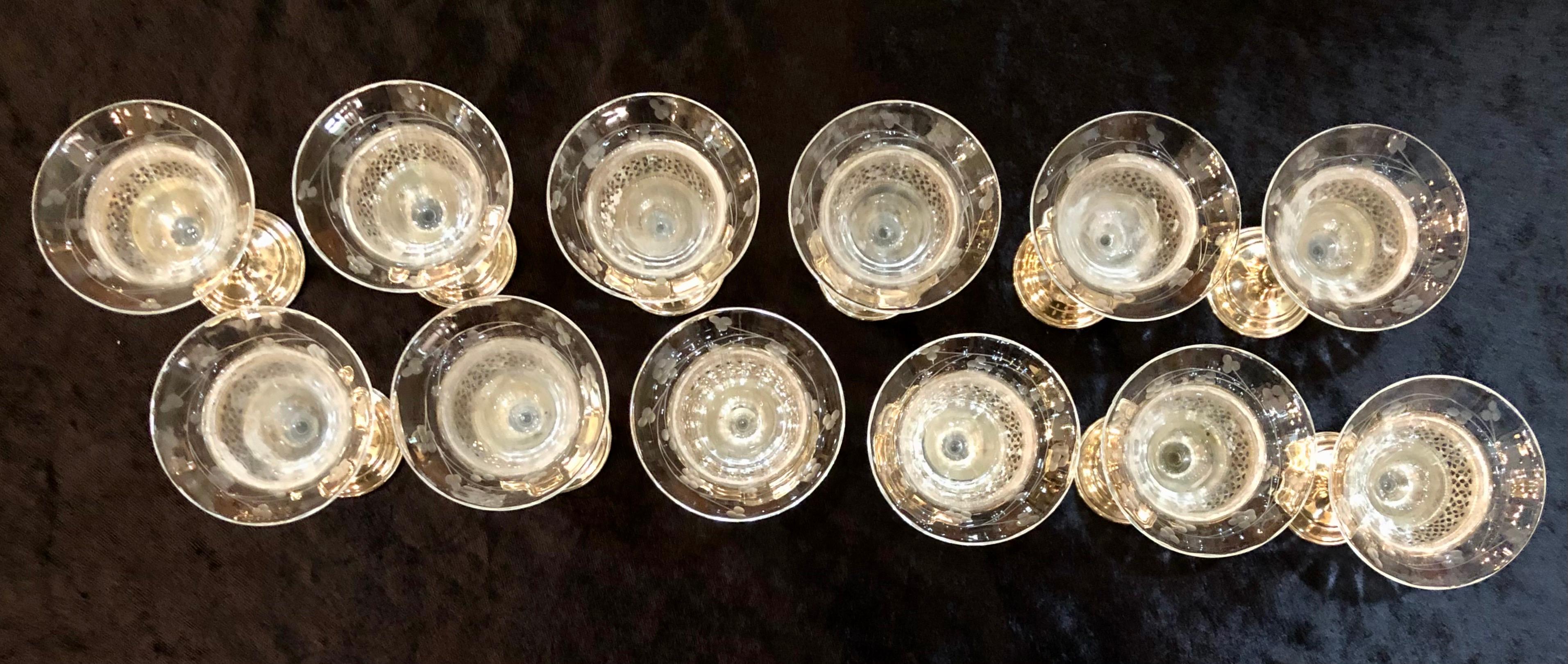 Mid-20th Century 12 Sterling Martini and Coupe Etched Glasses for Cocktails