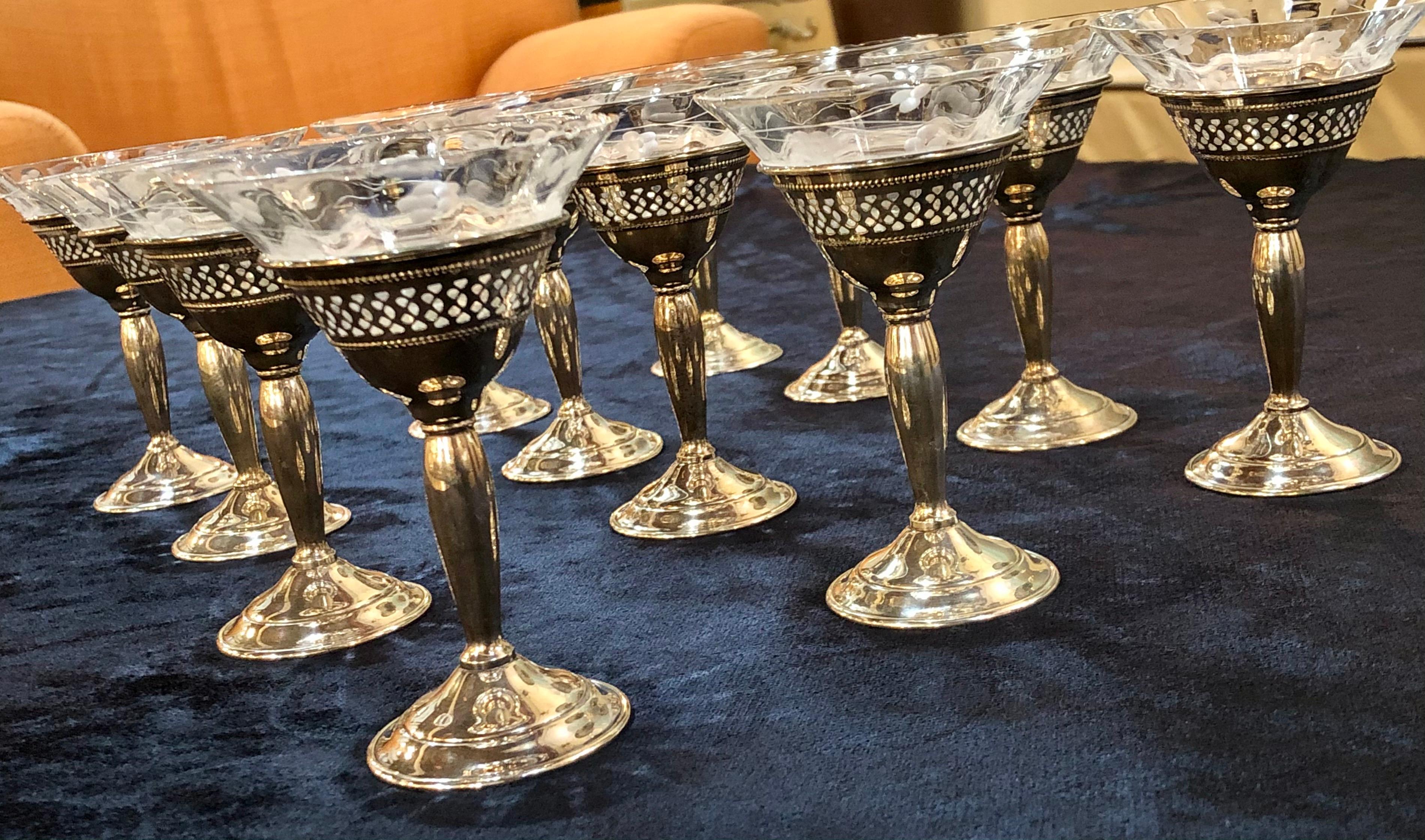 12 Sterling Martini and Coupe Etched Glasses for Cocktails 1