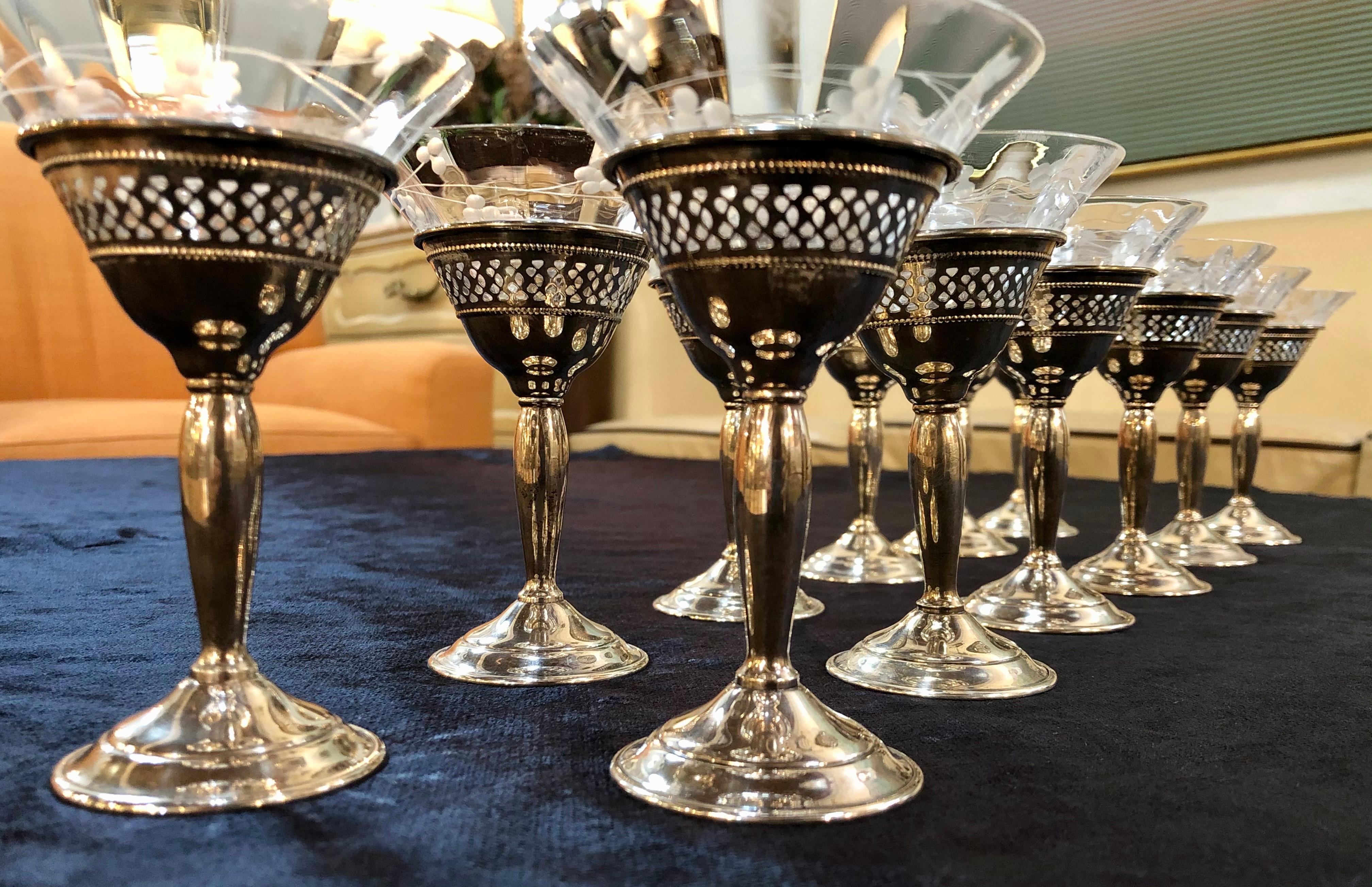 12 Sterling Martini and Coupe Etched Glasses for Cocktails 2