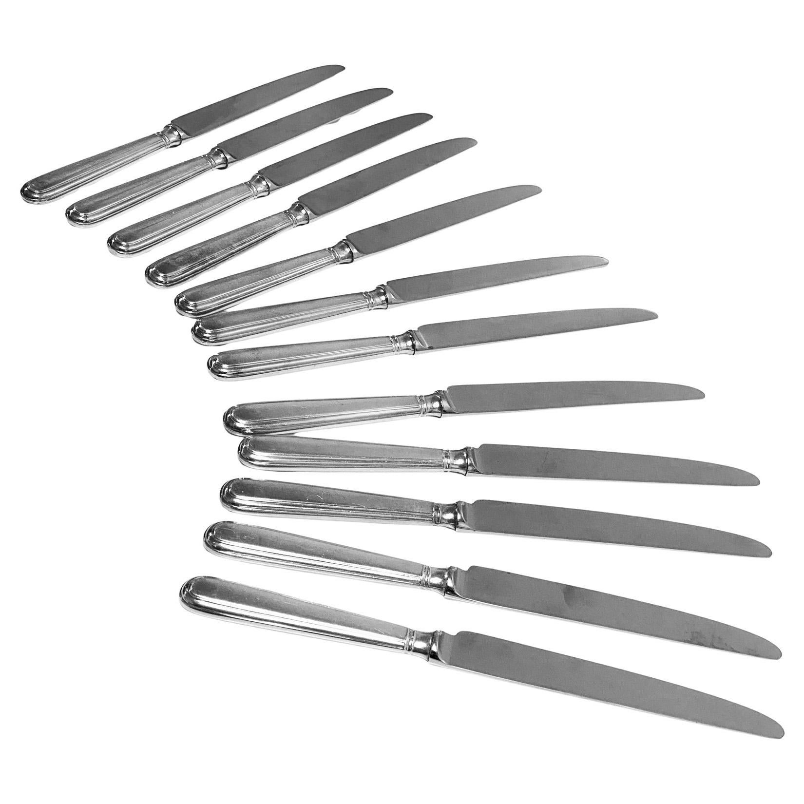 Georgian 12 Sterling Silver dinner knives Old English Thread pattern English hallmarks For Sale
