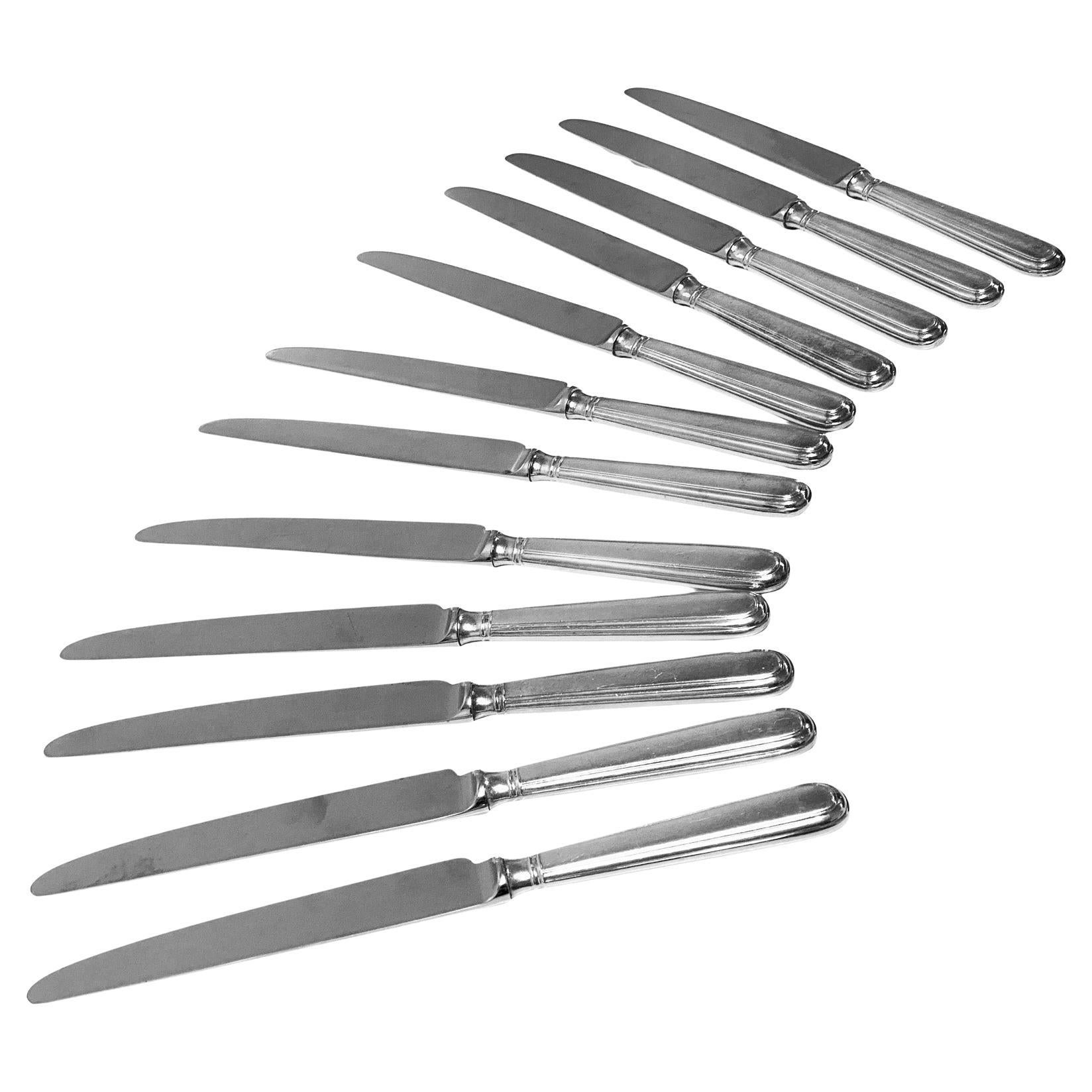 12 Sterling Silver dinner knives Old English Thread pattern English hallmarks For Sale