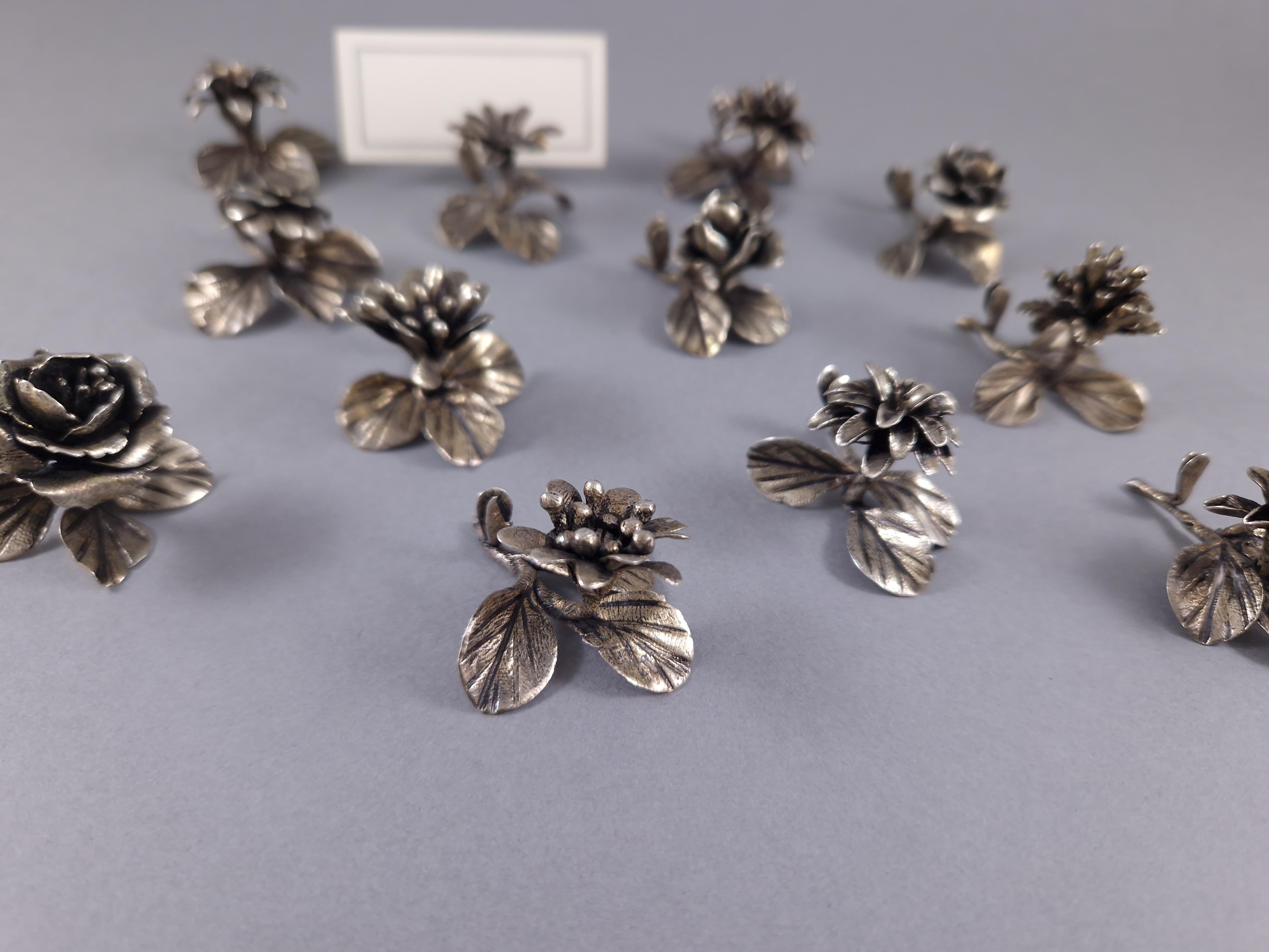 Italian 12 Sterling Silver Place Card Holders Flowers For Sale