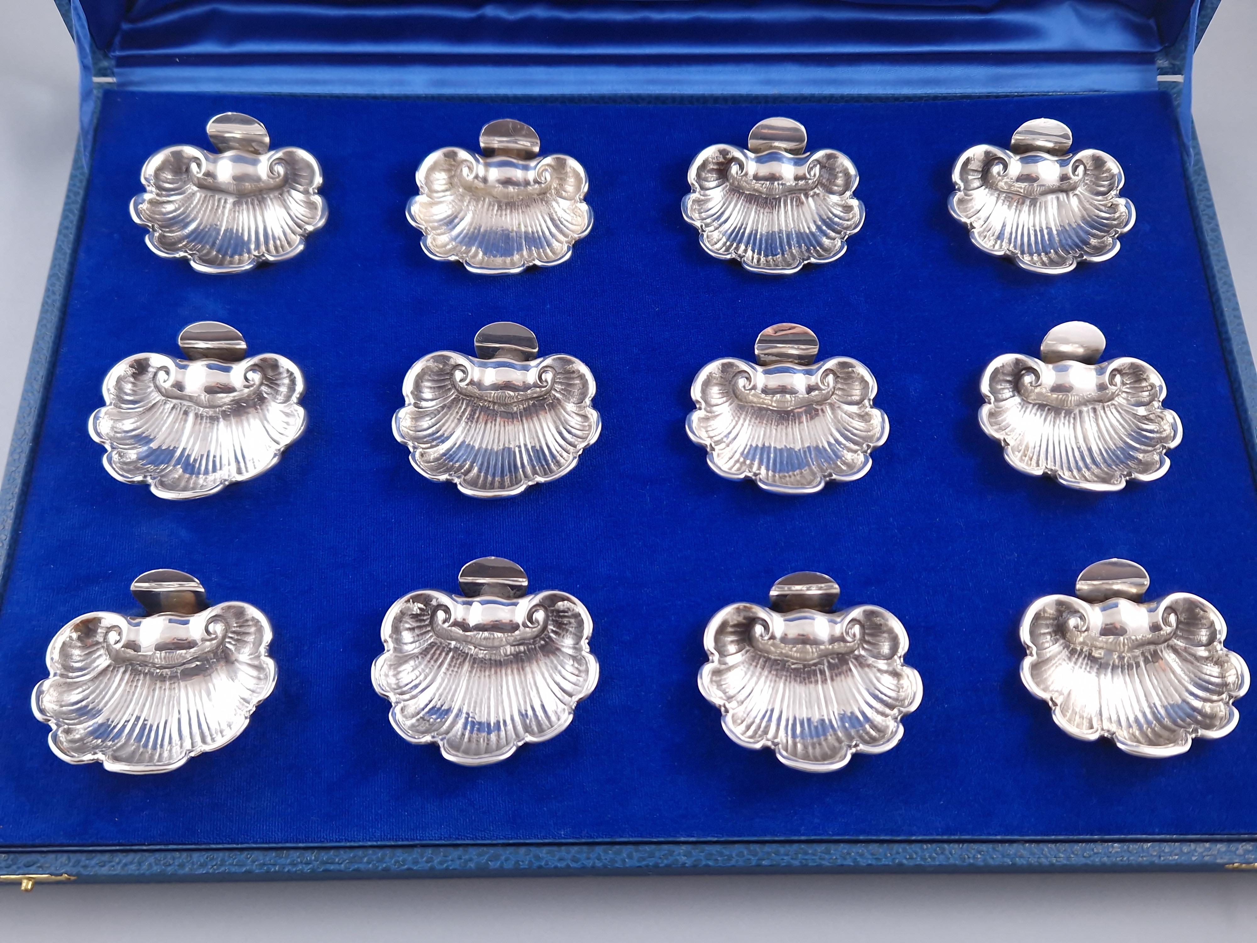 12 Sterling Silver Salt Cellars Place Card Holders Shell For Sale 1
