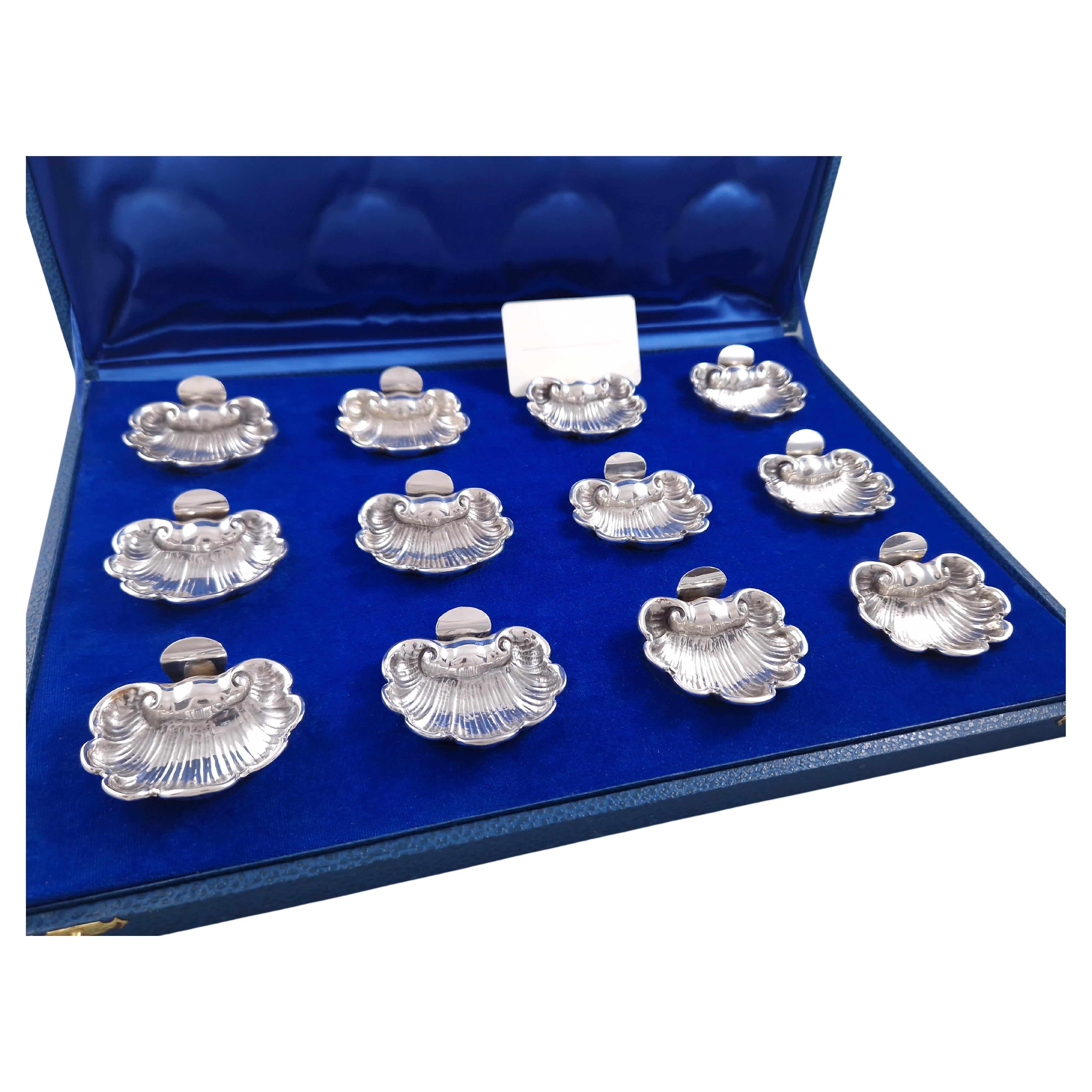 12 Sterling Silver Salt Cellars Place Card Holders Shell For Sale at