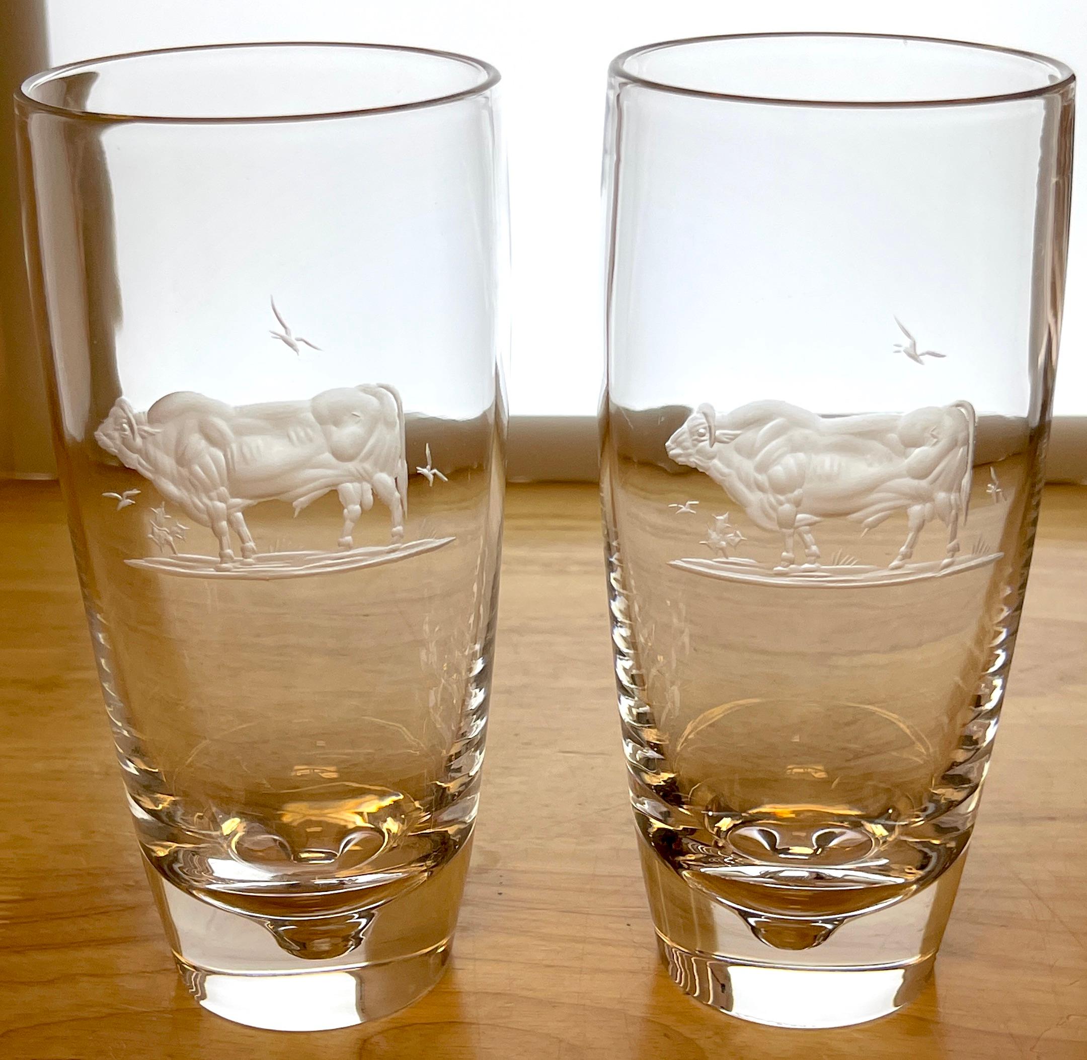 Crystal 12 Steuben/ George Thompson Engraved Prized Bull & Game Fish Glasses For Sale