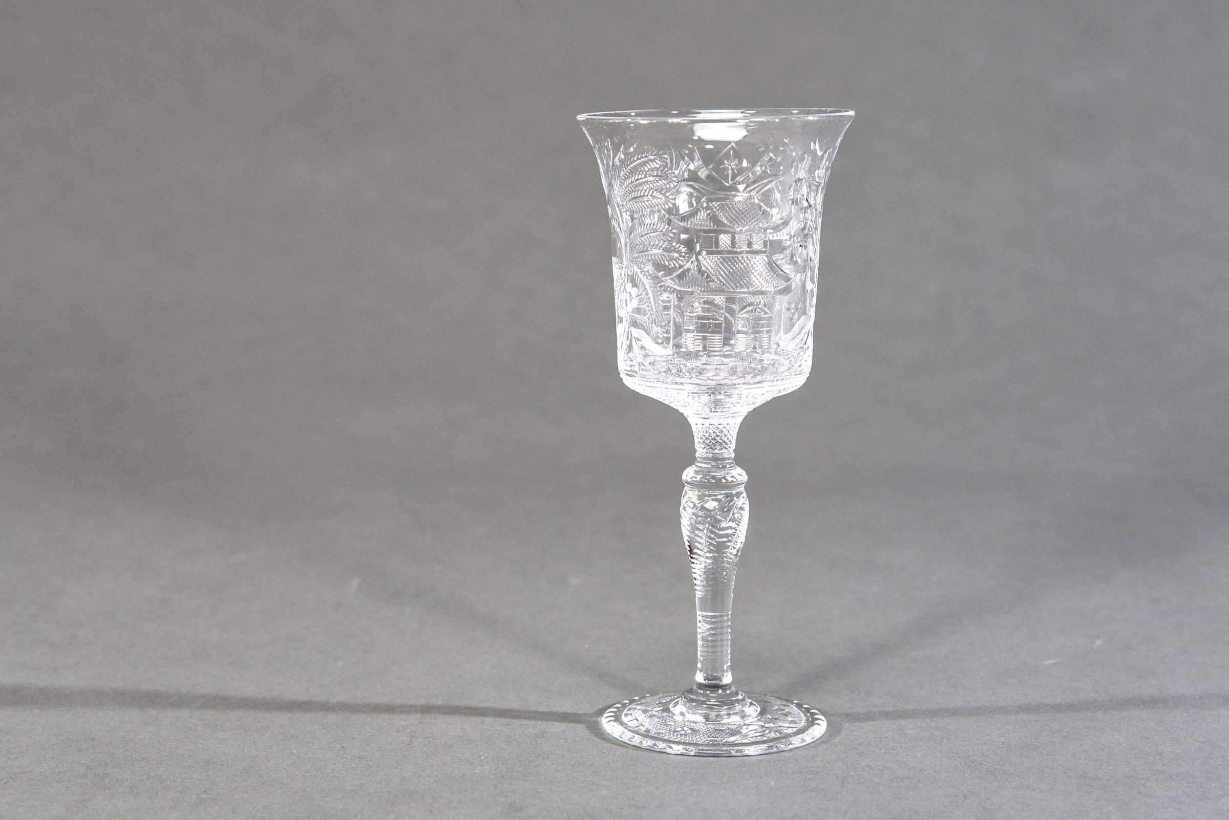 Engraved 12 Stevens & Williams Hand Blown Willow Chinoiserie Crystal Water Goblets For Sale