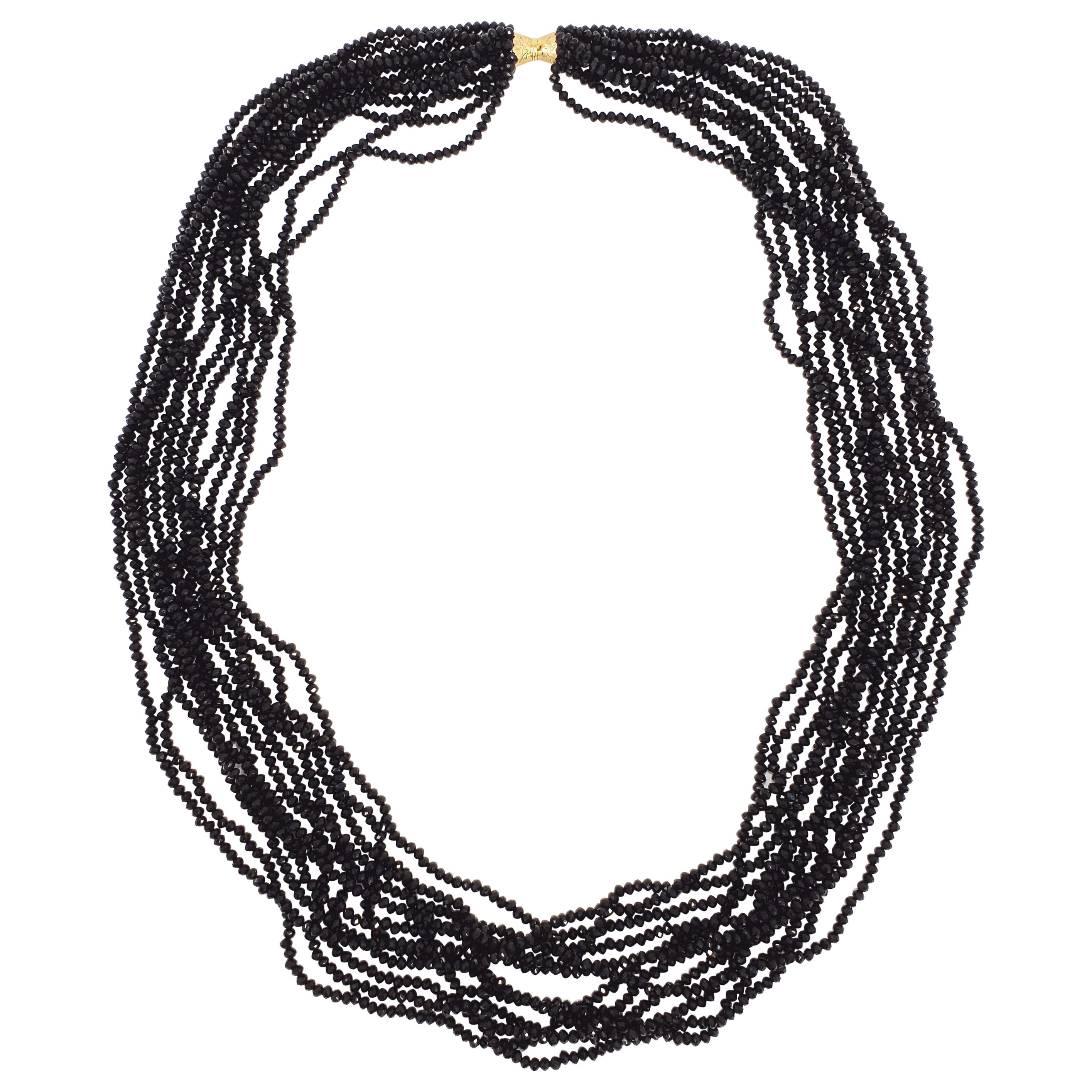 12strangige schwarze Spinellglas-Perlenkette mit Verschluss aus 14K Gelbgold im Angebot