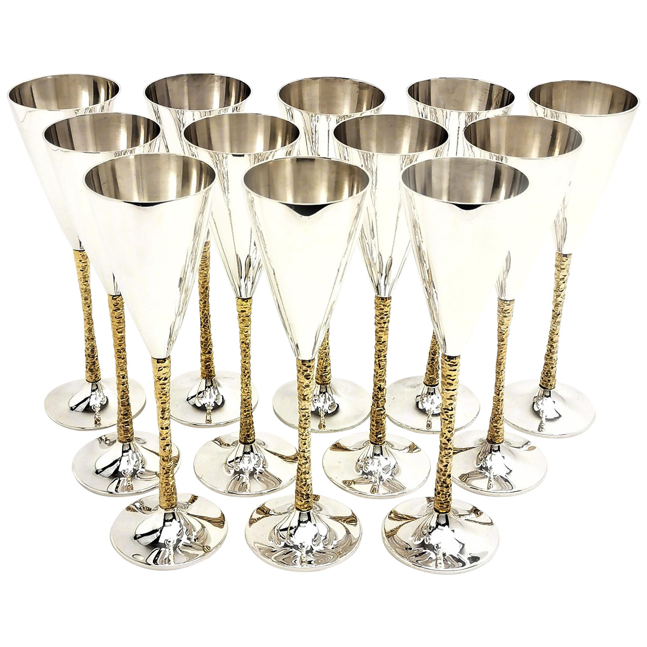 12 Stuart Devlin Sterling Silver Champagne Flutes Set 1977-1980 Glasses