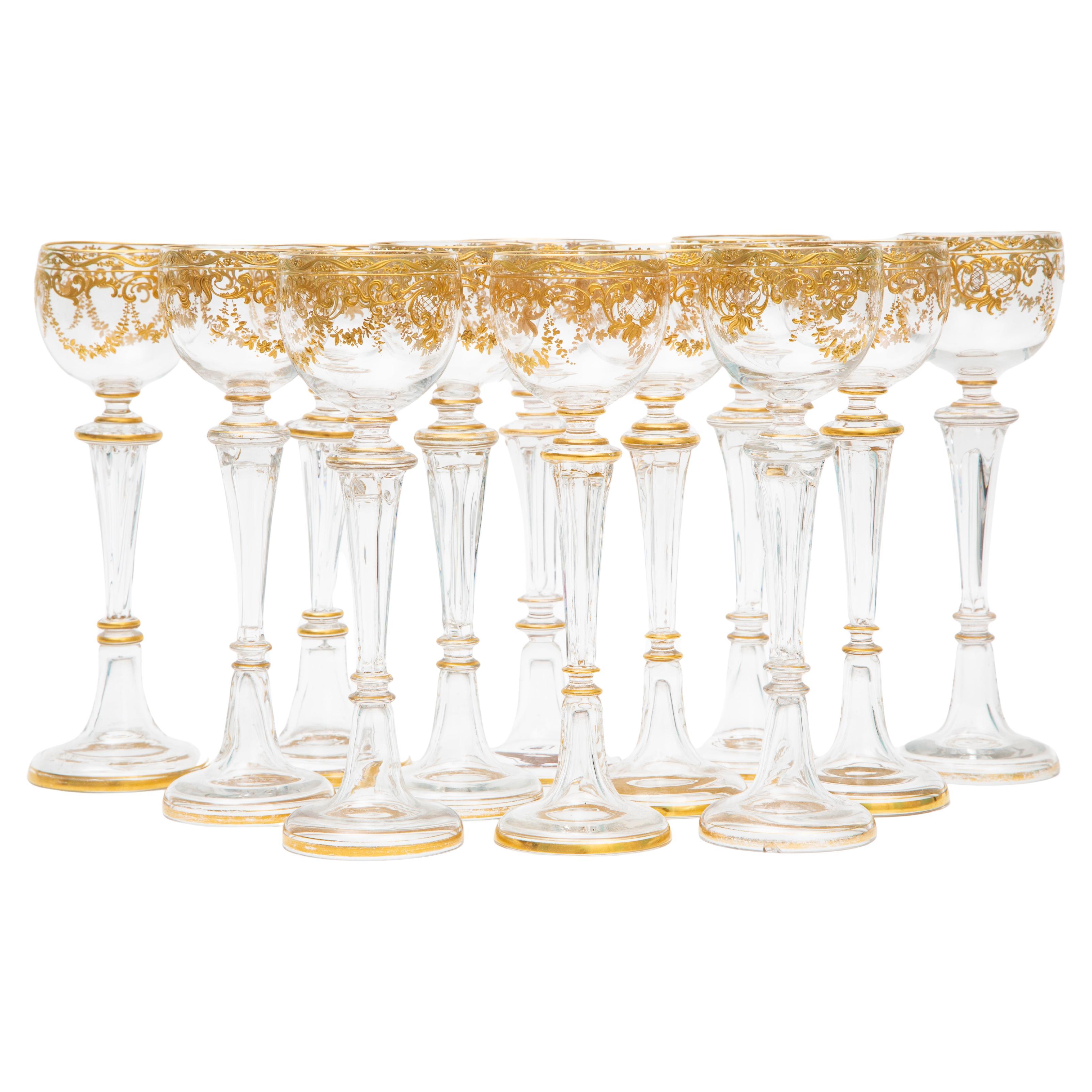 12 Tall Elegant Raised Gilt Encrusted Antique Wine Glasses. Circa 1880's