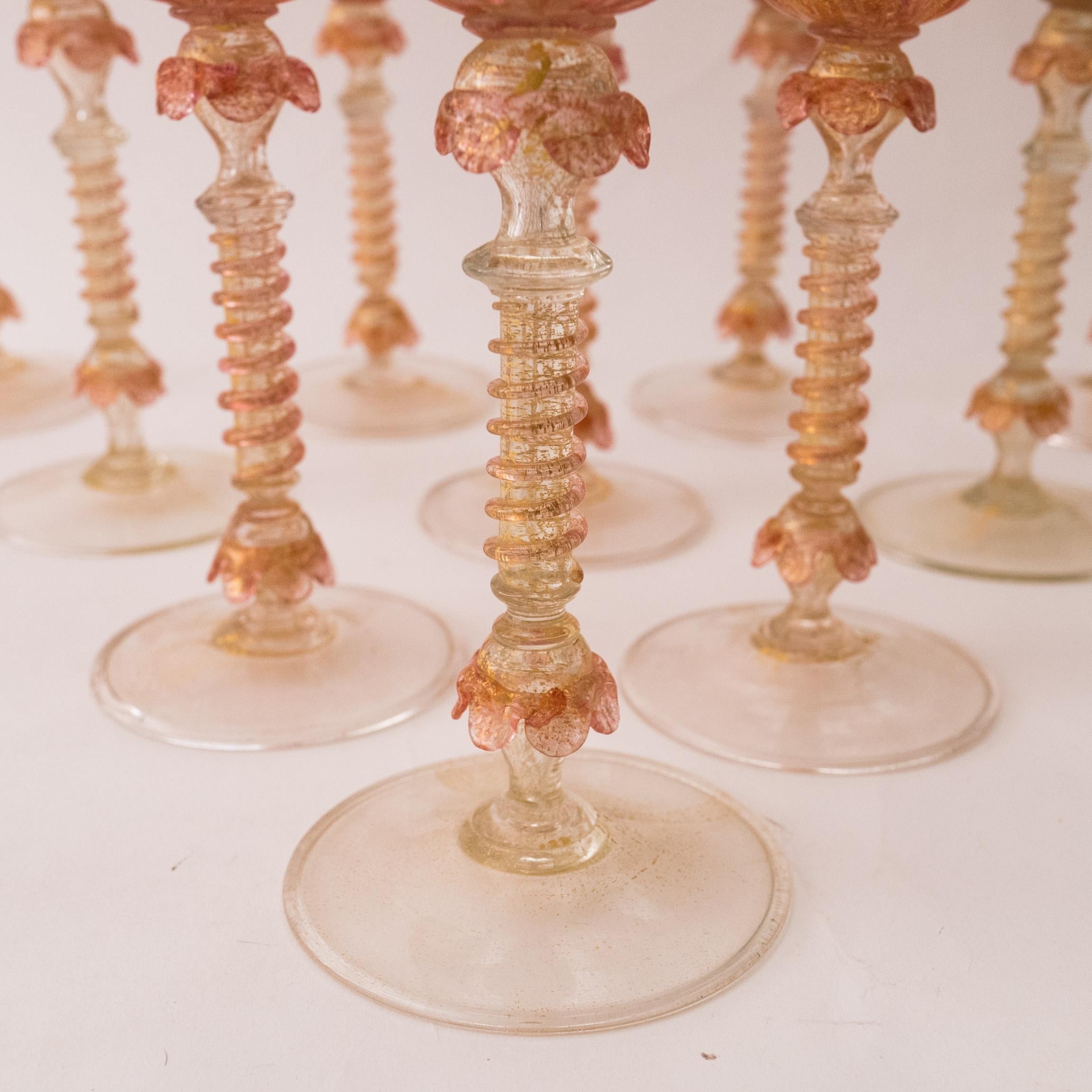 Italian 12 Tall Pink Venetian Goblets, Antique circa 1910, Isle of Murano Beauties