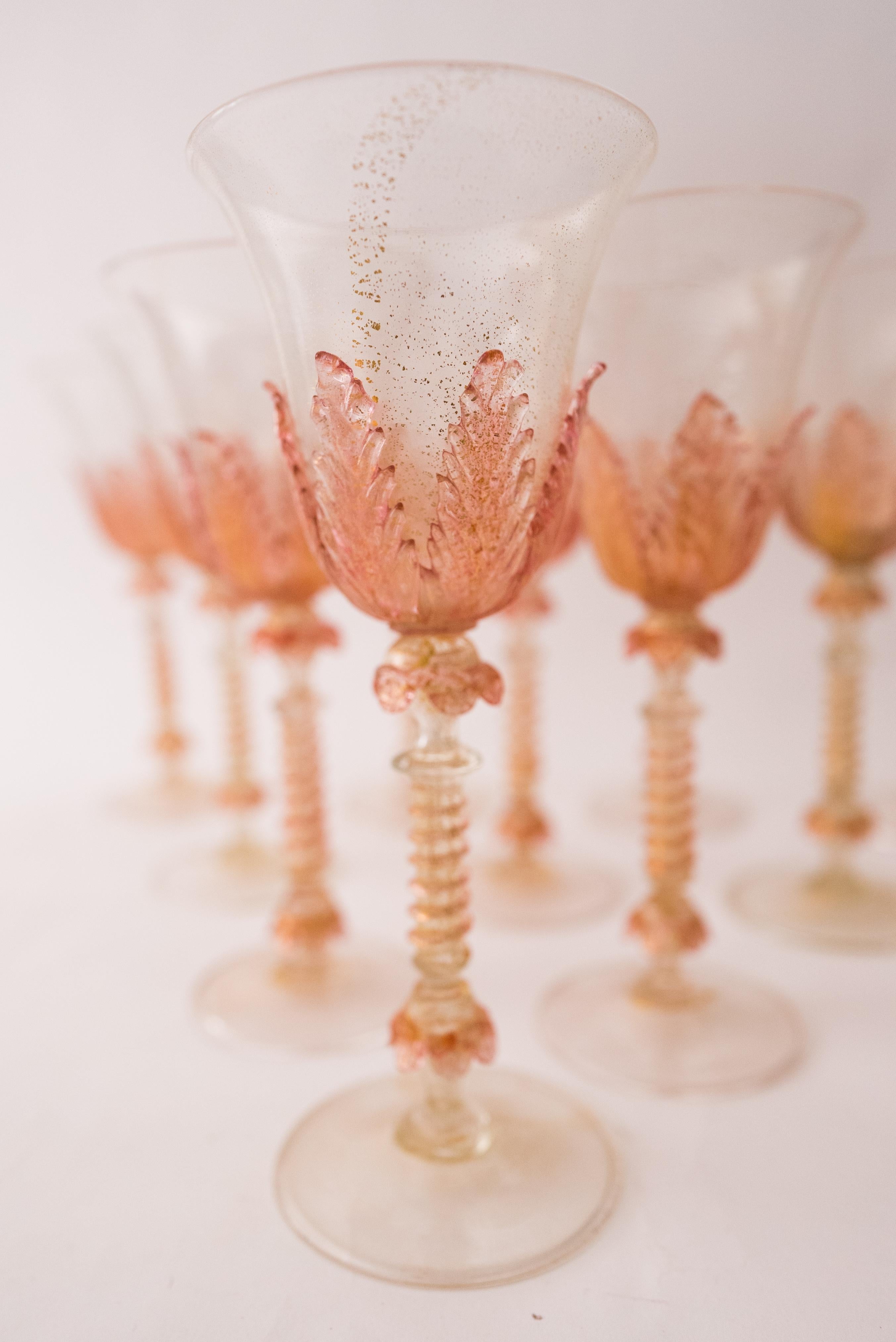 Hand-Crafted 12 Tall Pink Venetian Goblets, Antique circa 1910, Isle of Murano Beauties