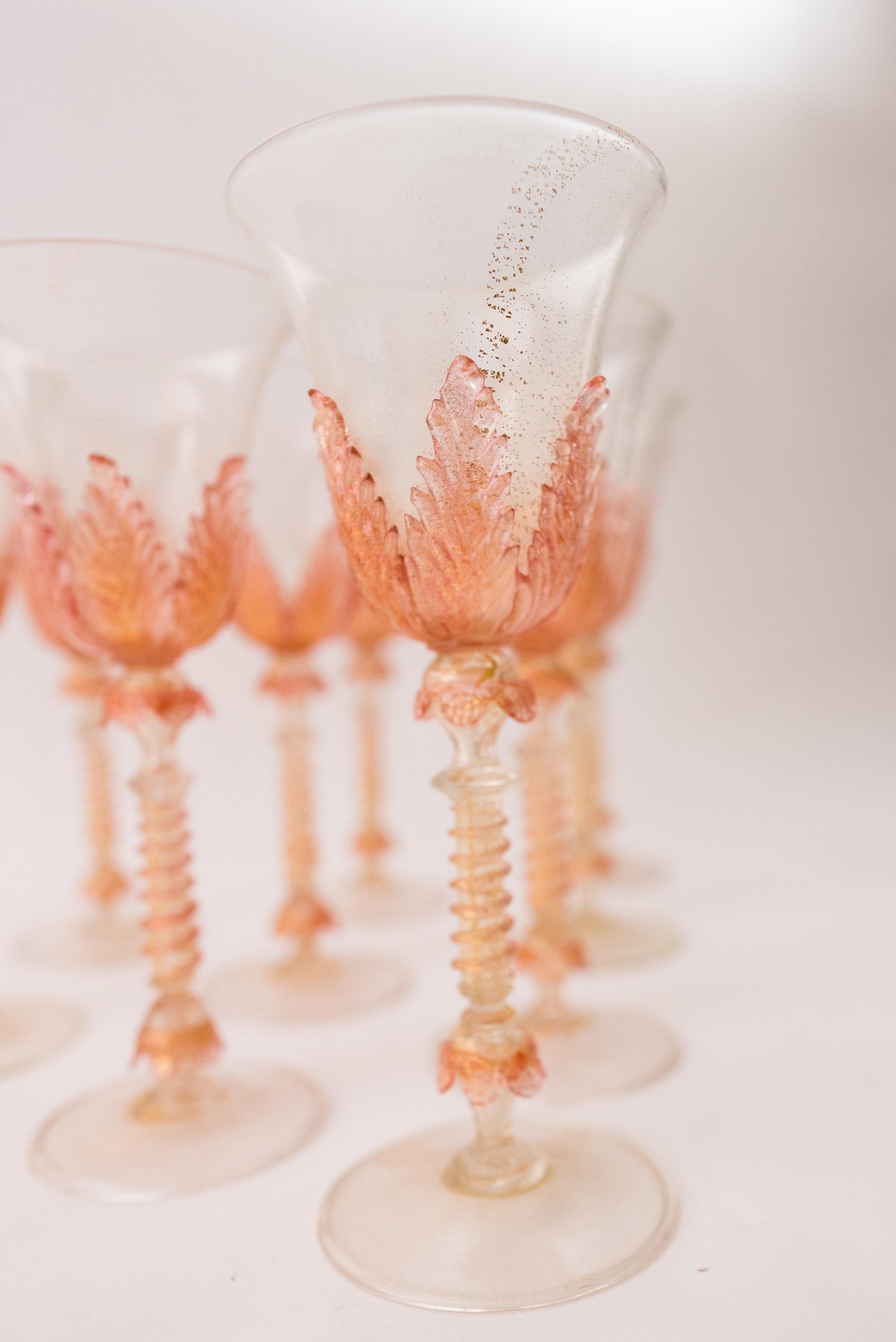 12 Tall Pink Venetian Goblets, Antique circa 1910, Isle of Murano Beauties In Good Condition In West Palm Beach, FL