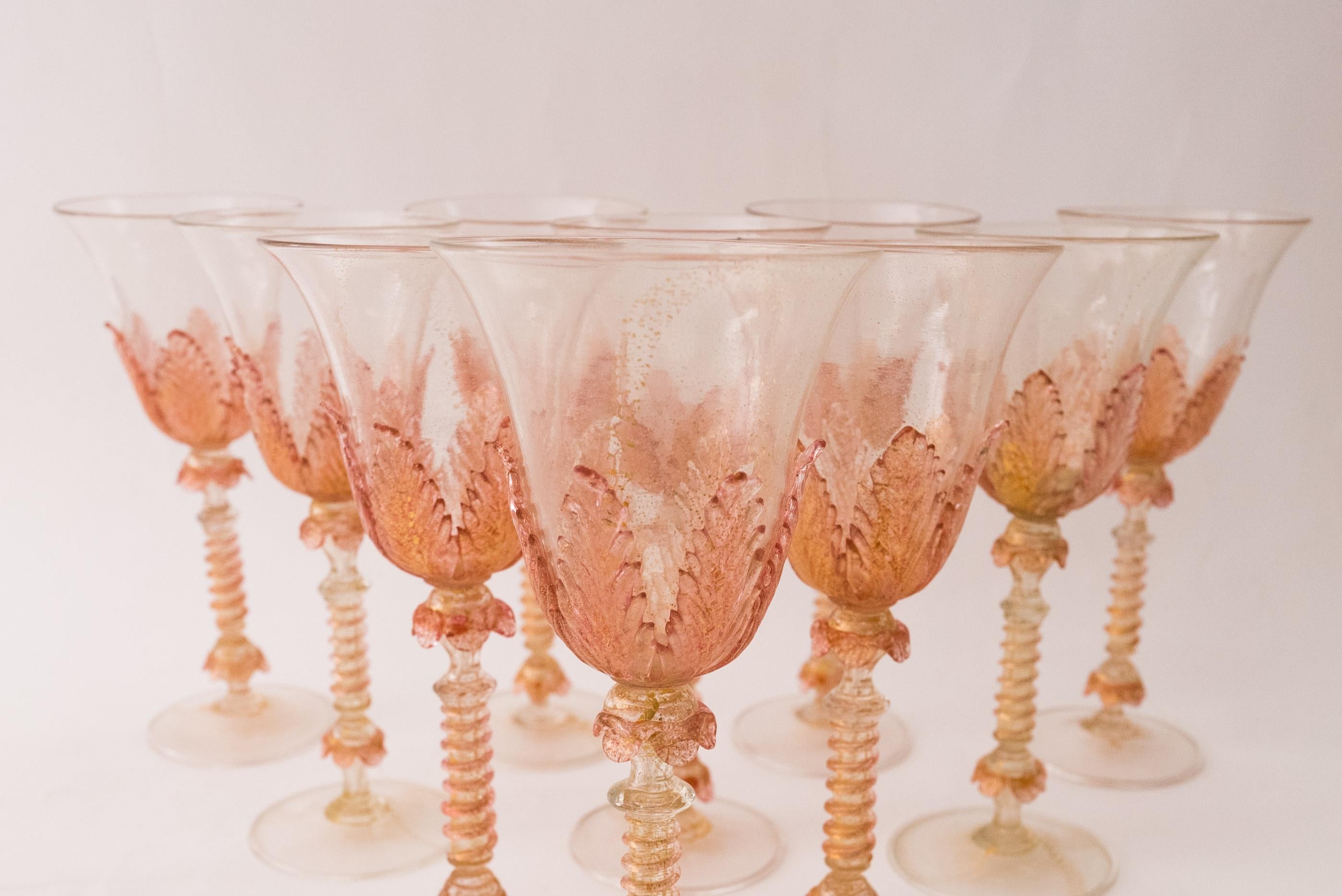 Early 20th Century 12 Tall Pink Venetian Goblets, Antique circa 1910, Isle of Murano Beauties