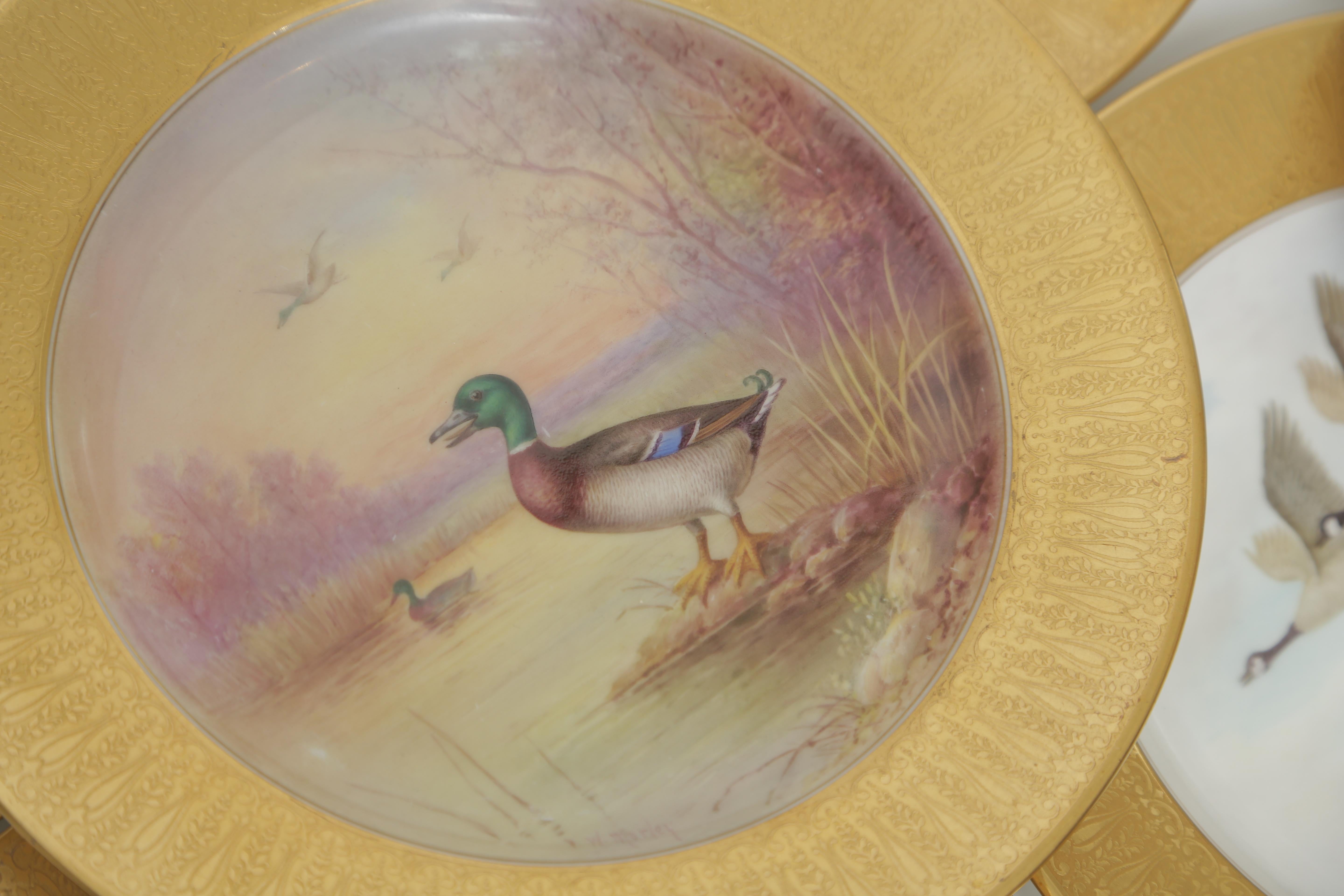 Gold 12 Tiffany Antique Porcelain Game Bird Plates, Hand Painted, circa 1920