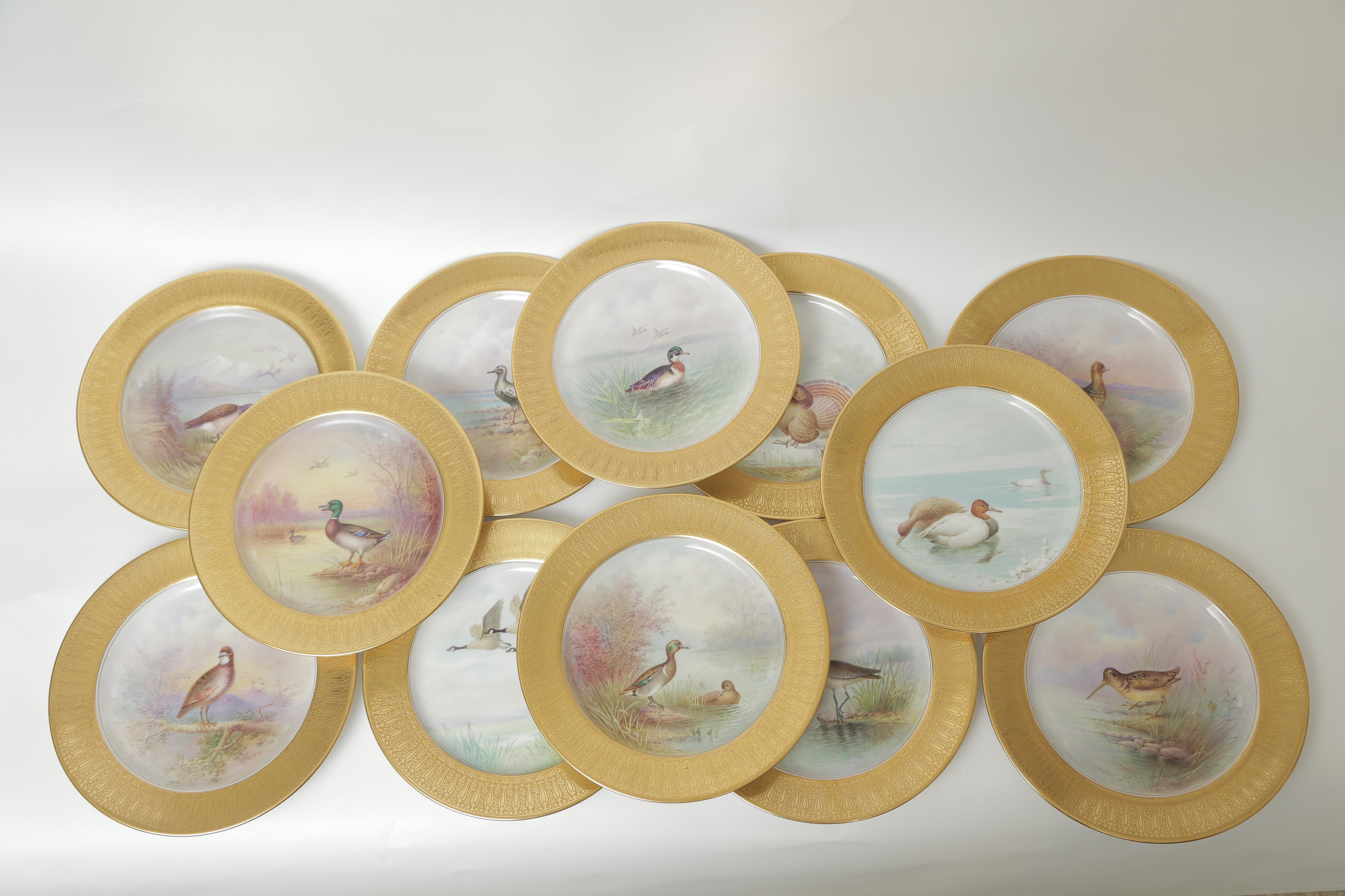 12 Tiffany Antique Porcelain Game Bird Plates, Hand Painted, circa 1920 In Good Condition In West Palm Beach, FL