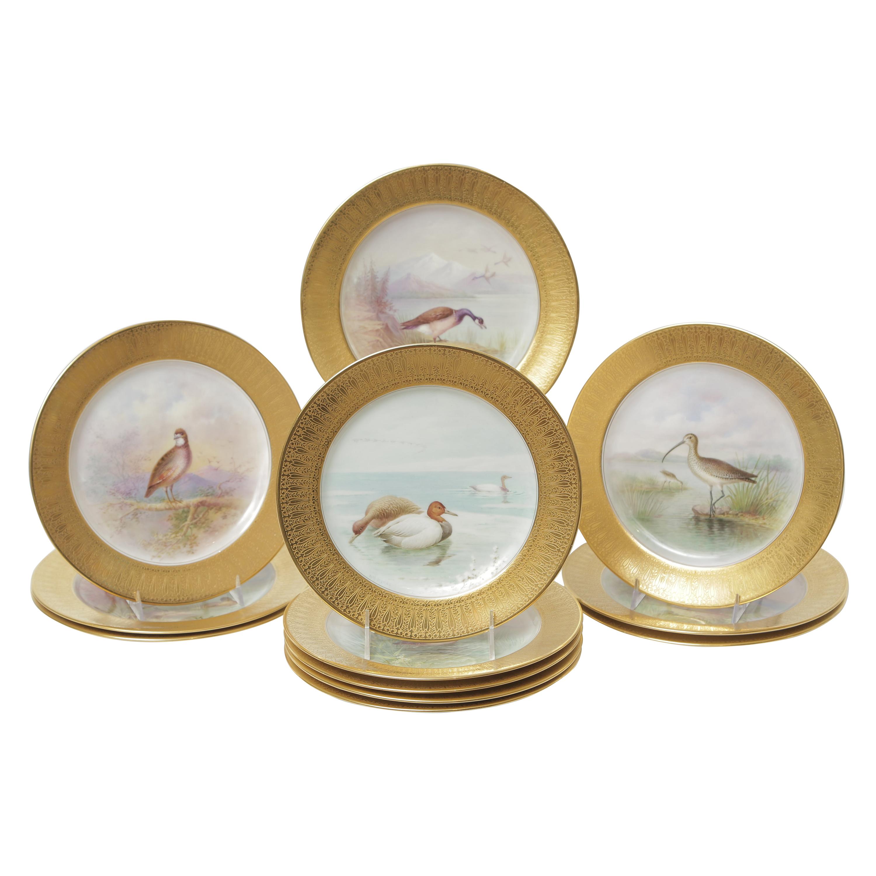 12 Tiffany Antique Porcelain Game Bird Plates, Hand Painted, circa 1920