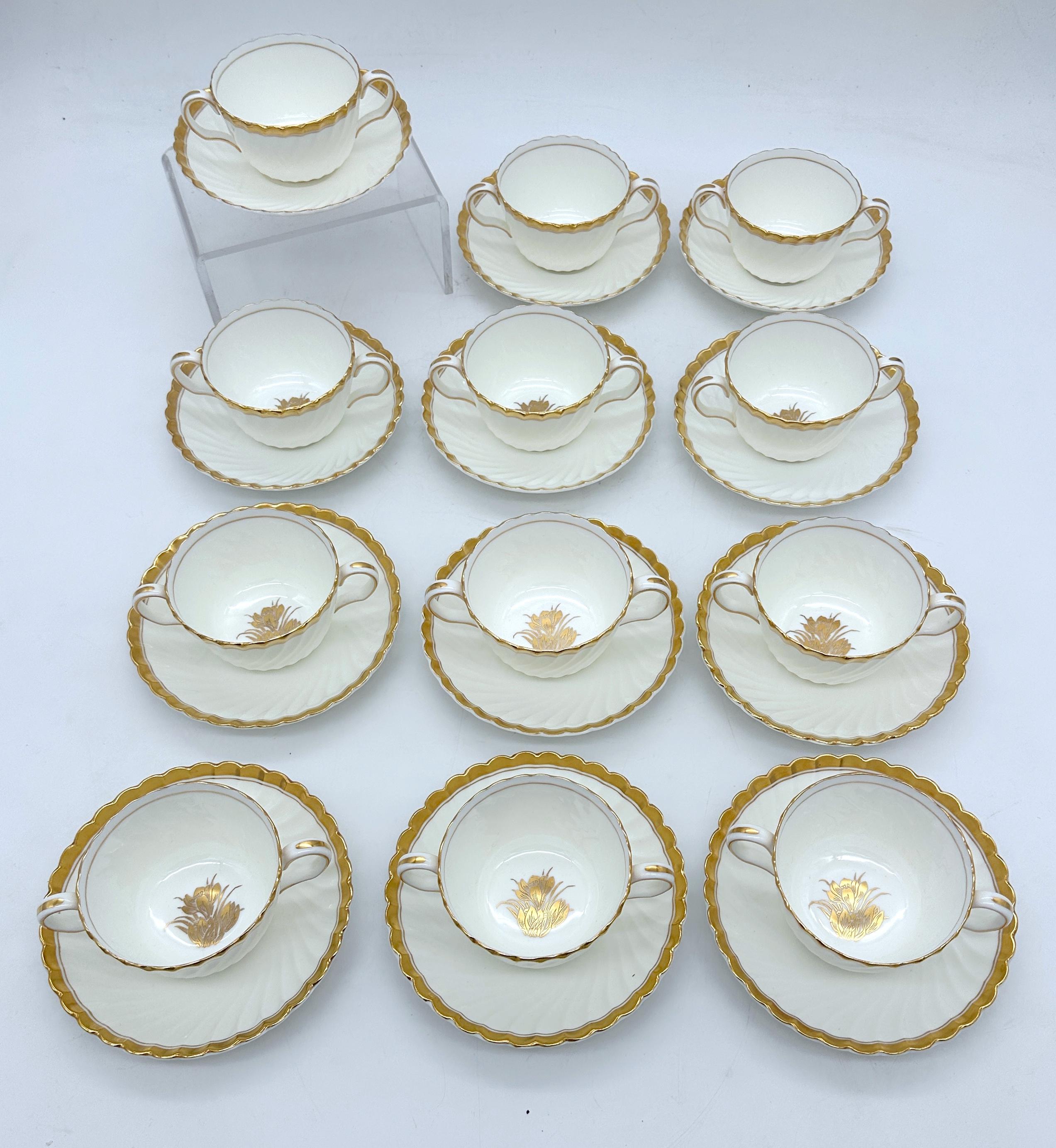 English 12 Tiffany & Company Mintons 'Gold Crocus' Pattern Twin handled Cups & Saucers For Sale