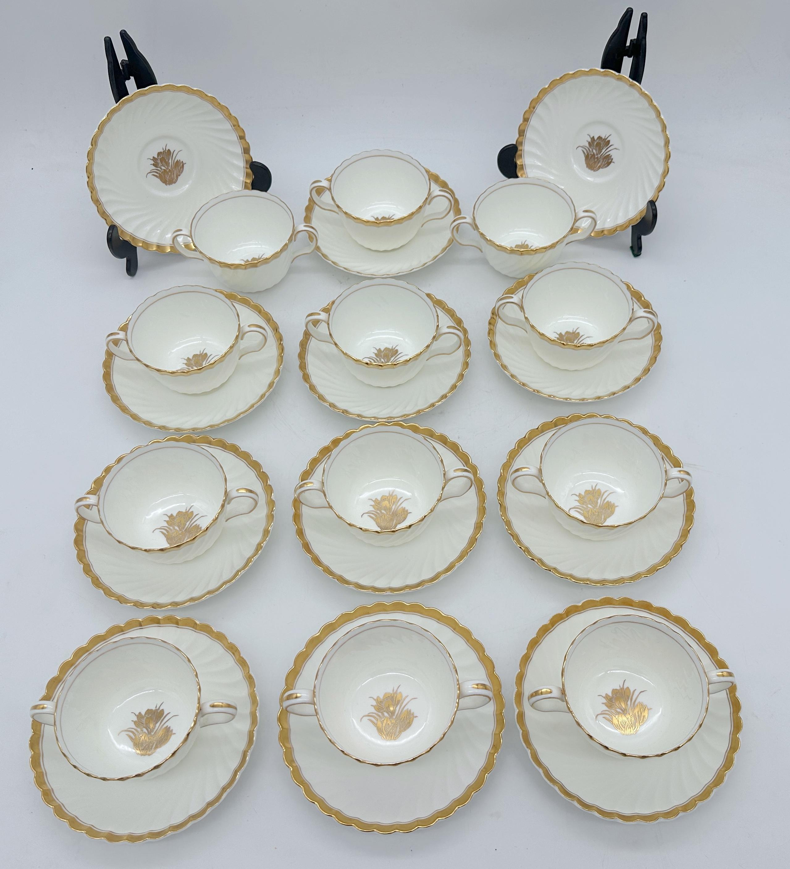 Gilt 12 Tiffany & Company Mintons 'Gold Crocus' Pattern Twin handled Cups & Saucers For Sale