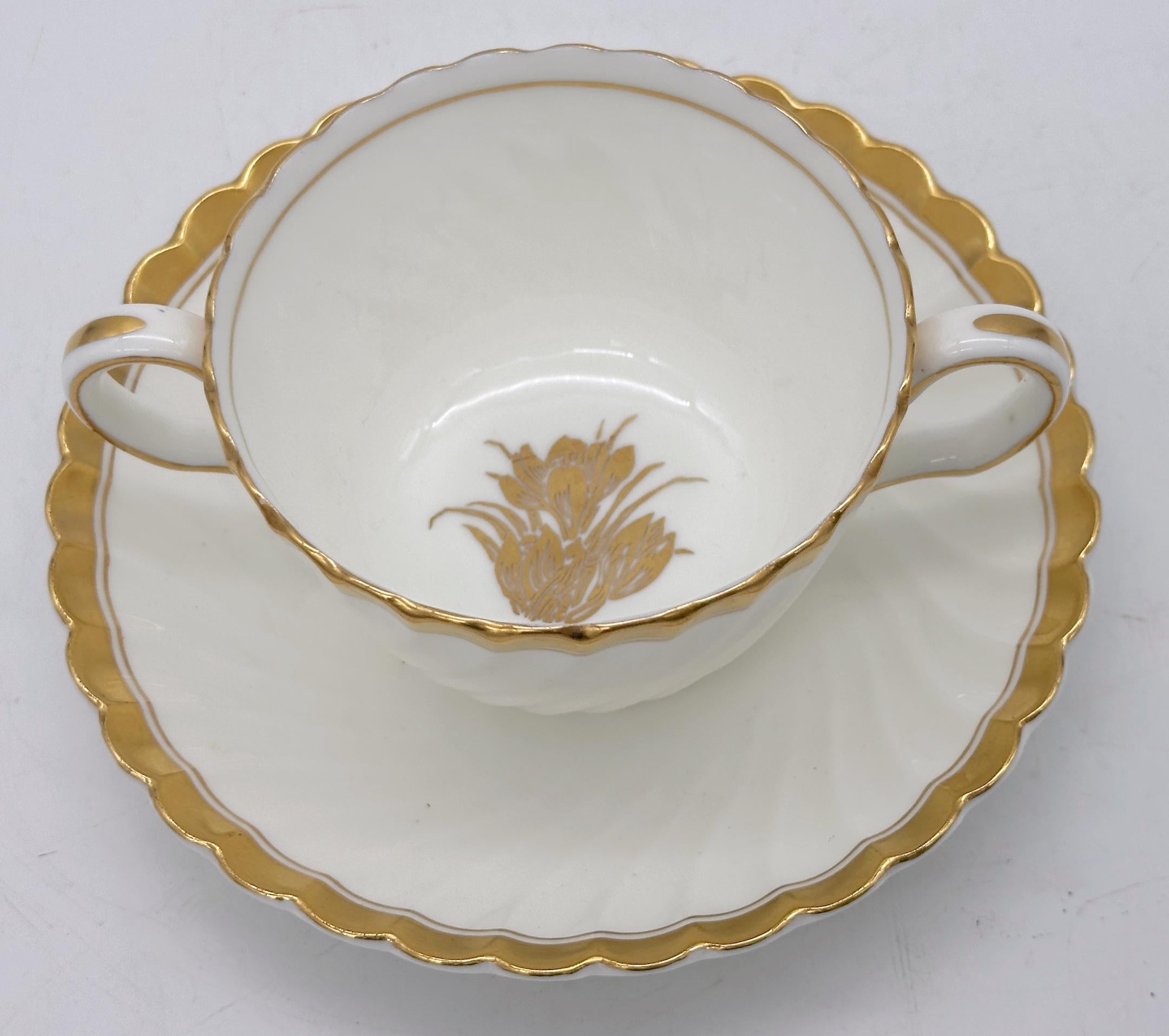 Porcelain 12 Tiffany & Company Mintons 'Gold Crocus' Pattern Twin handled Cups & Saucers For Sale