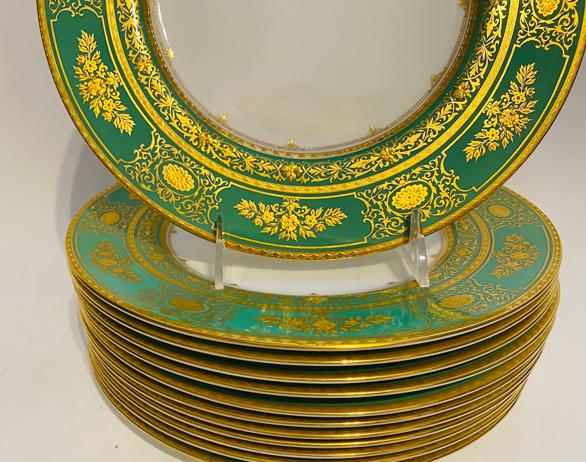 British 12 Tiffany Green & Gold Encrusted Dinner Plates, Vintage Circa 1950's by Minton