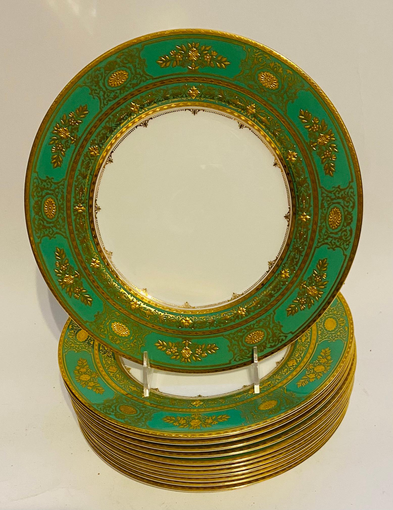 Hand-Crafted 12 Tiffany Green & Gold Encrusted Dinner Plates, Vintage Circa 1950's by Minton