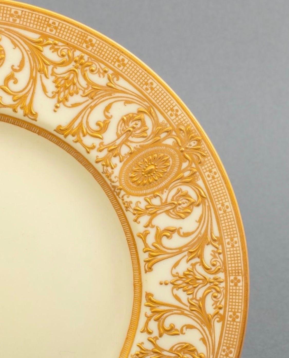 Gilt 12 Gold Encrusted Tiffany Plates by Royal Worchester For Sale