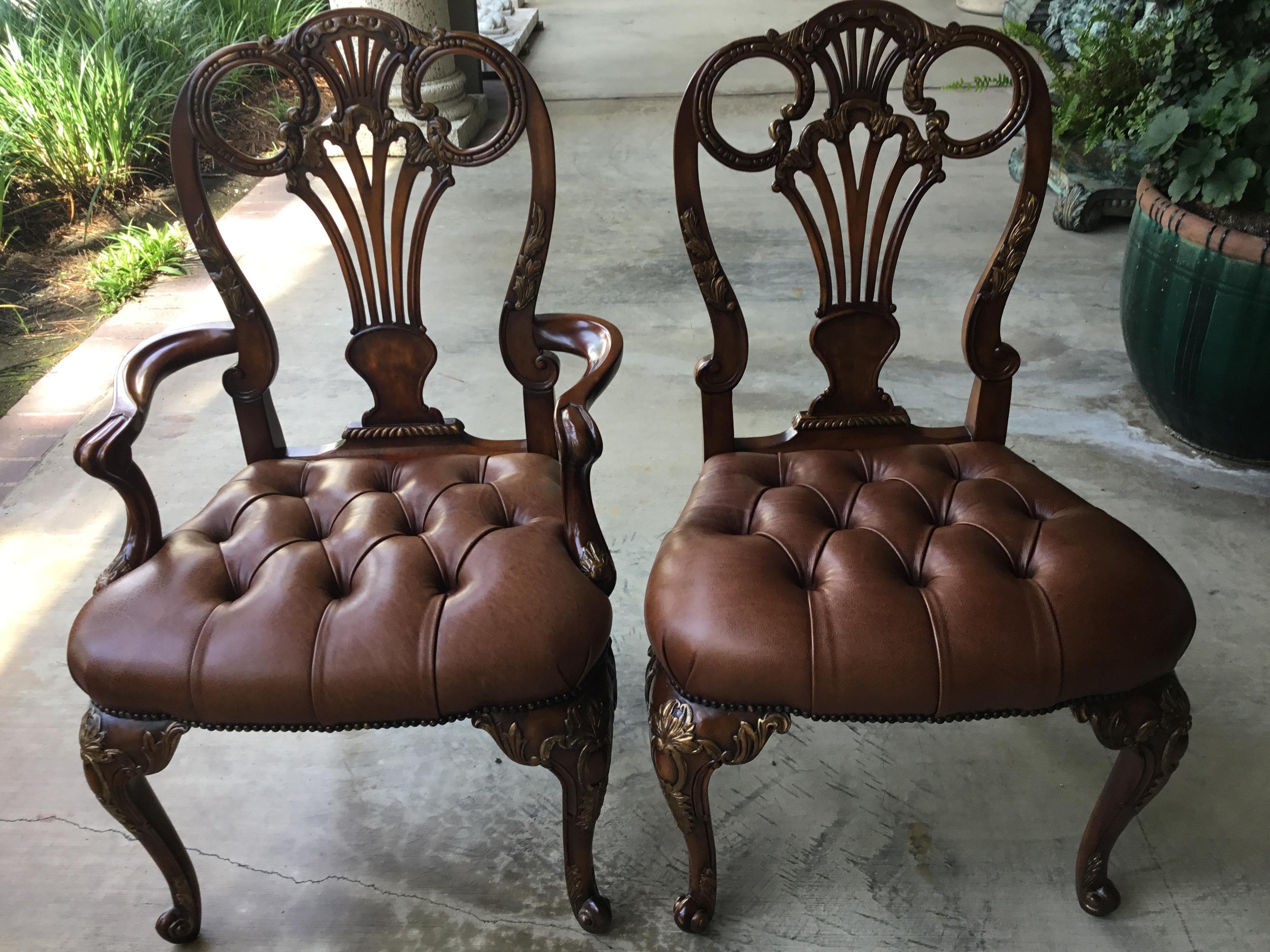 12 Traditional Style Leather Seat Dining Chairs by Theodore Alexander In Good Condition In Houston, TX
