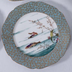 12 Turquoise Antique Limoges Fish Plates, Custom Retailer circa 1895