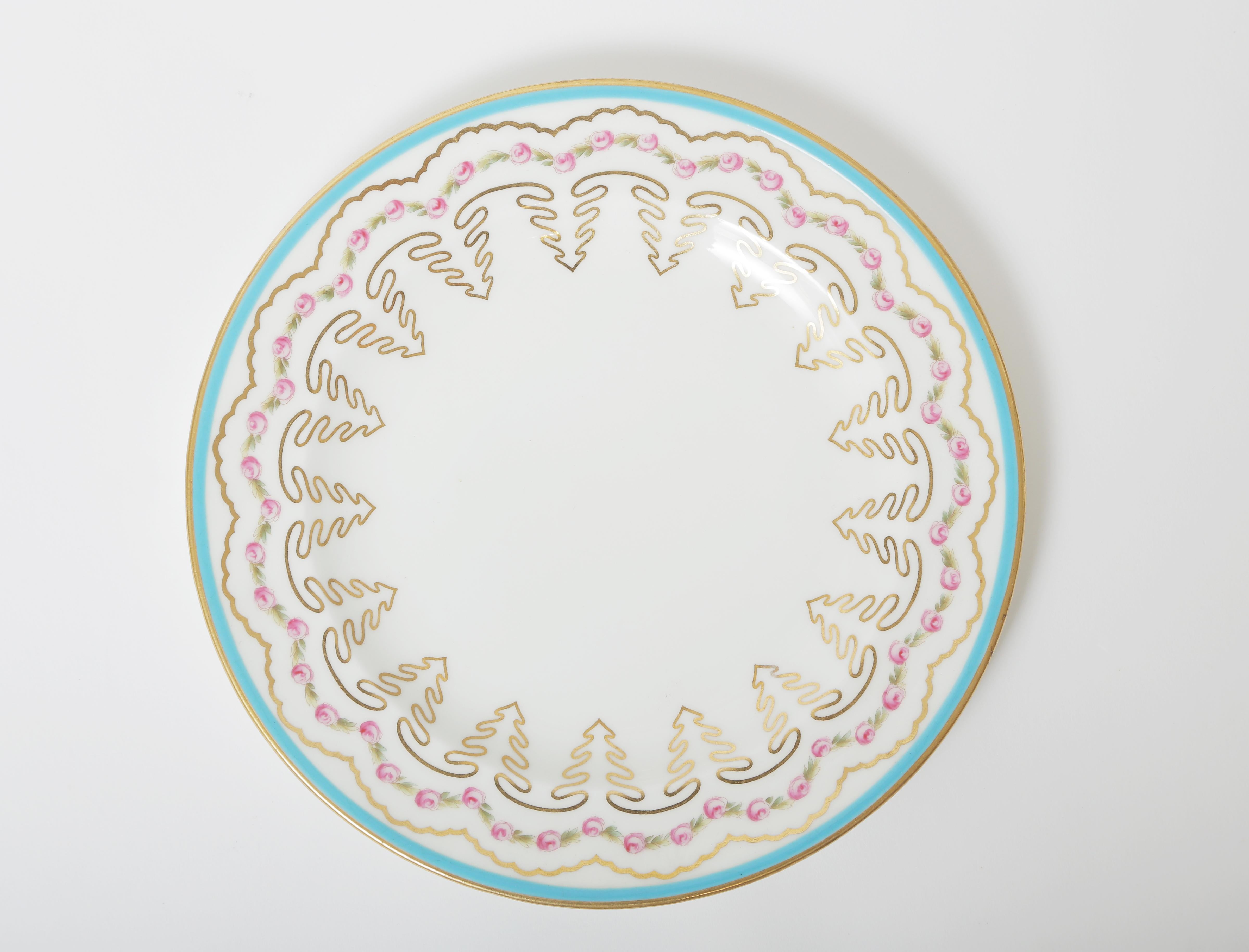 Hand-Crafted 12 Turquoise and Pink English Dessert Plates, Antique, circa 1910