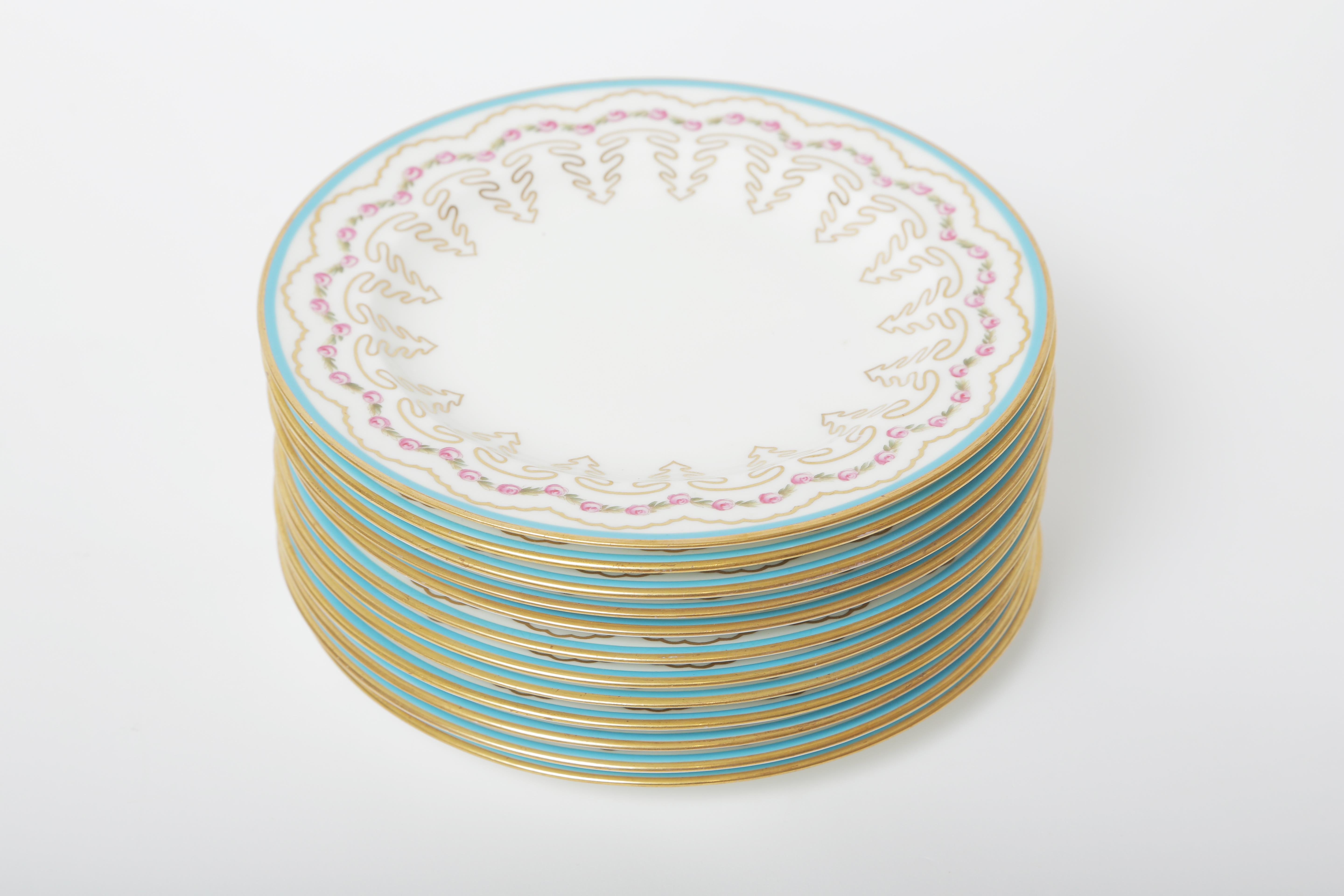 Early 20th Century 12 Turquoise and Pink English Dessert Plates, Antique, circa 1910