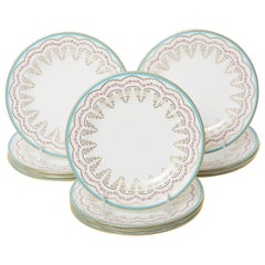 12 Turquoise and Pink English Dessert Plates, Antique, circa 1910