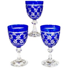 12 Val St. Lambert Cobalt Cut to Clear Goblets "Cathedrale Napolean" Pattern