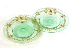 12  Venetian Glass Green Dinner Plates W/ Hand Painted Enamel Gilt Decoration