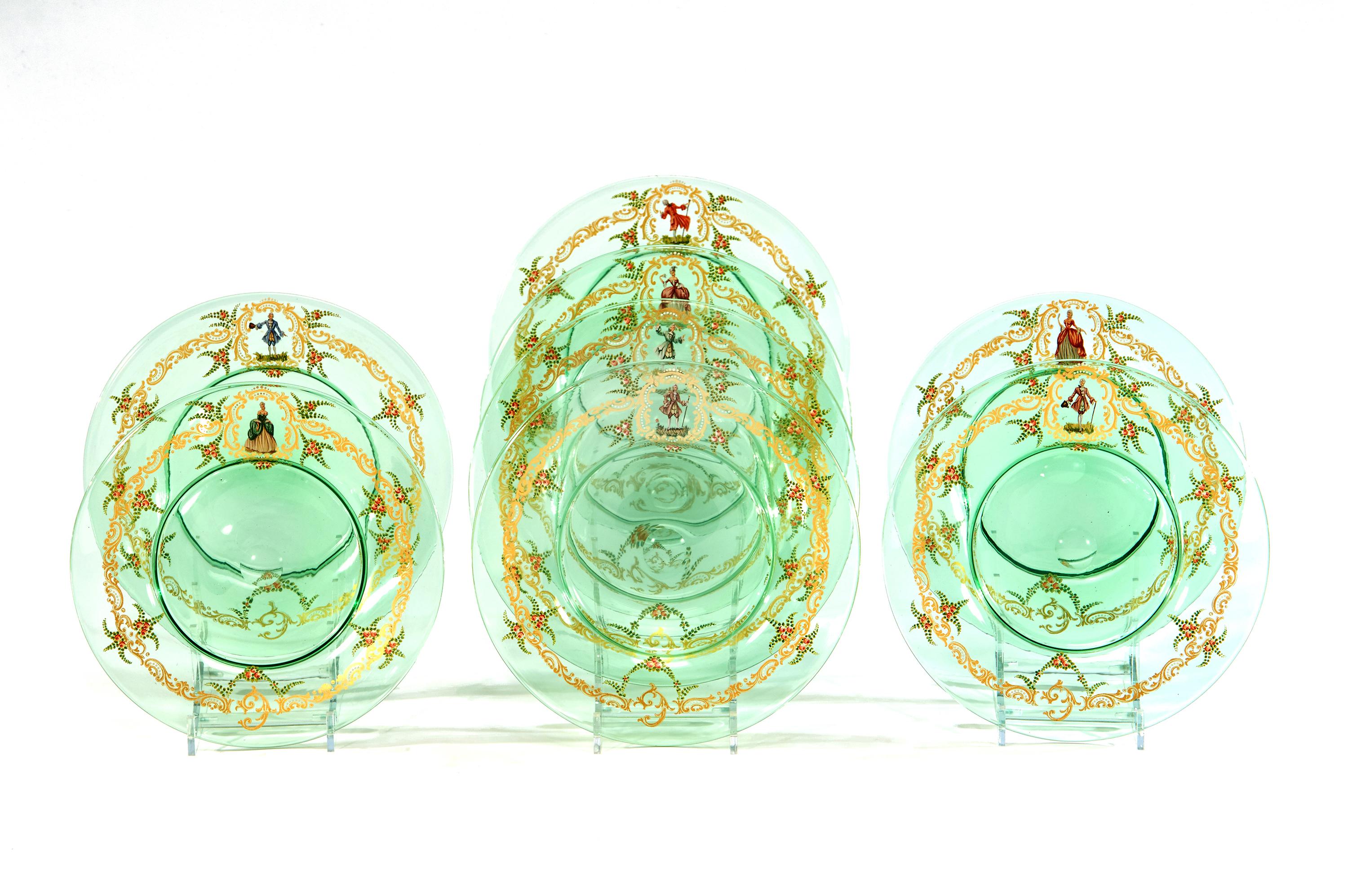 Italian 12  Venetian Glass Green Dinner Plates W/ Hand Painted Enamel Gilt Decoration For Sale